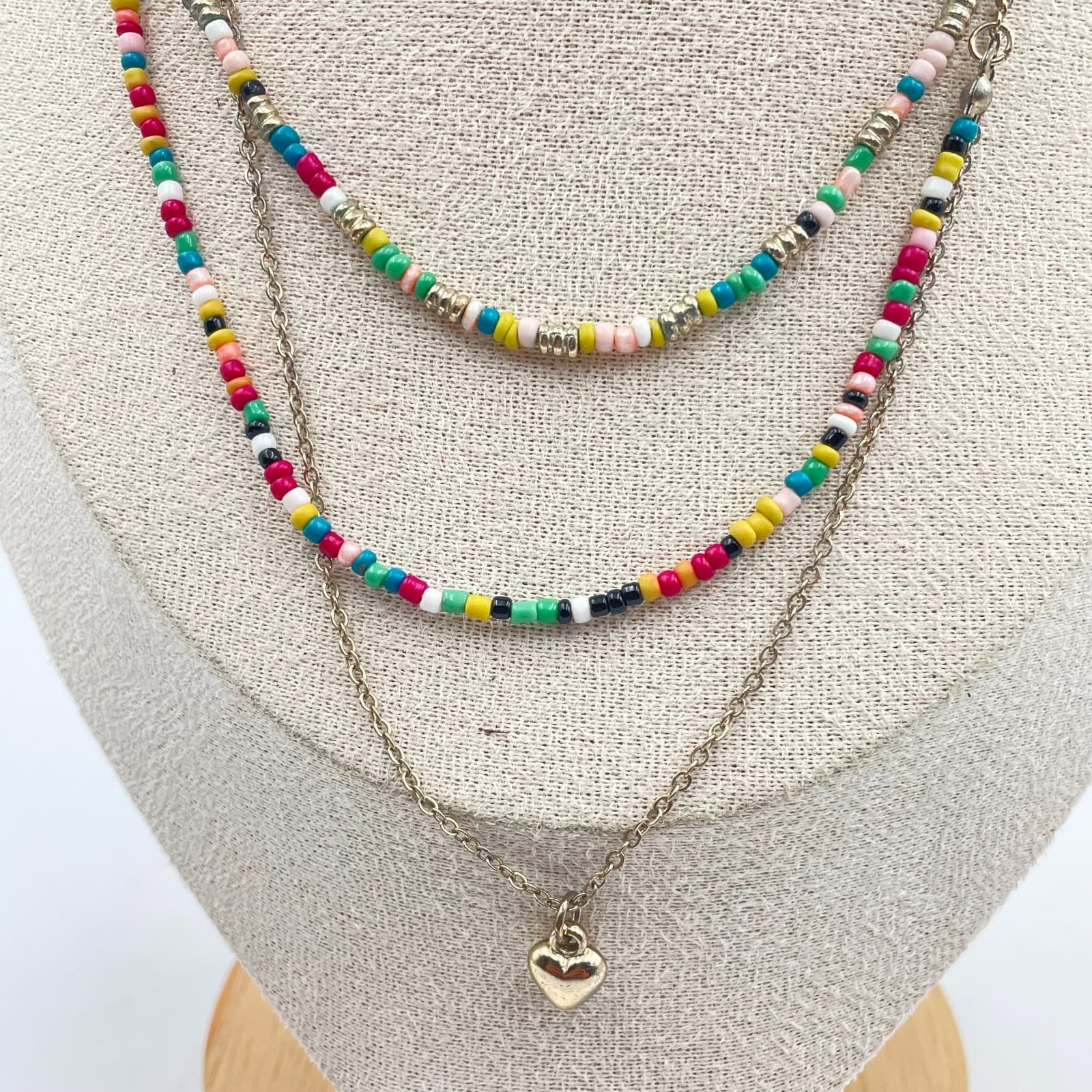 Vintage Boho Multi-Strand Layered Necklace Gold Tone Seed Bead Heart Pendant - Thumbnail 2