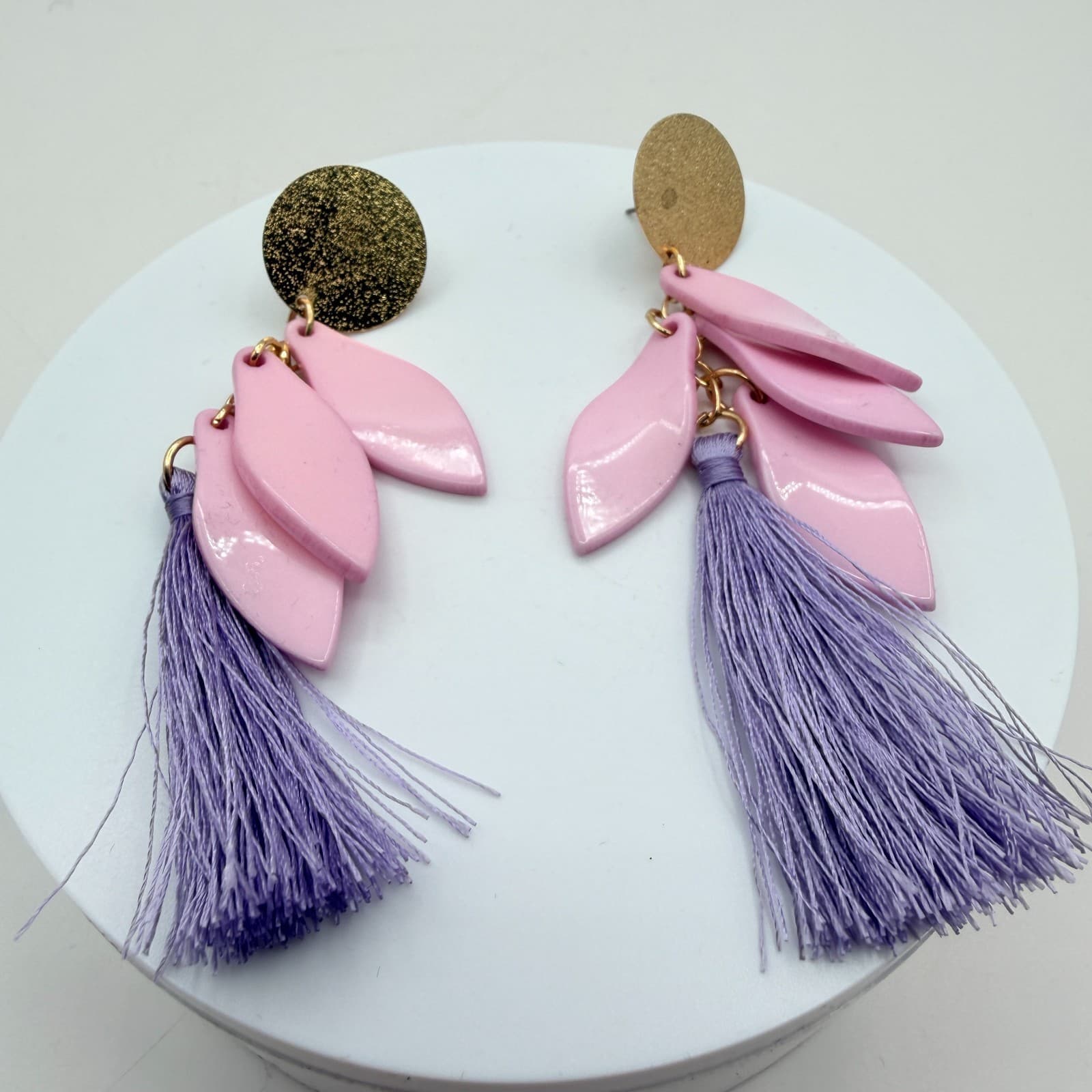 Vintage 90s Pink Leaf Lavender Purple Tassel Dangle Earrings Fringe Jewelry - Image 1