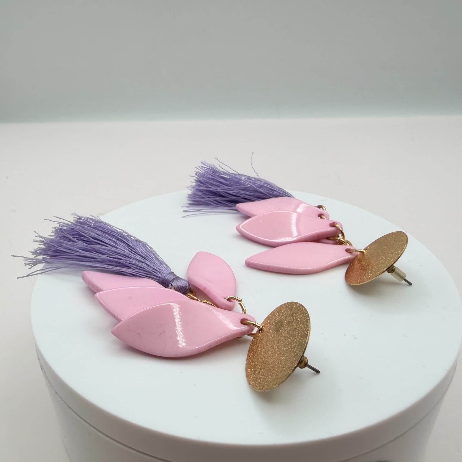Vintage 90s Pink Leaf Lavender Purple Tassel Dangle Earrings Fringe Jewelry - Thumbnail 5