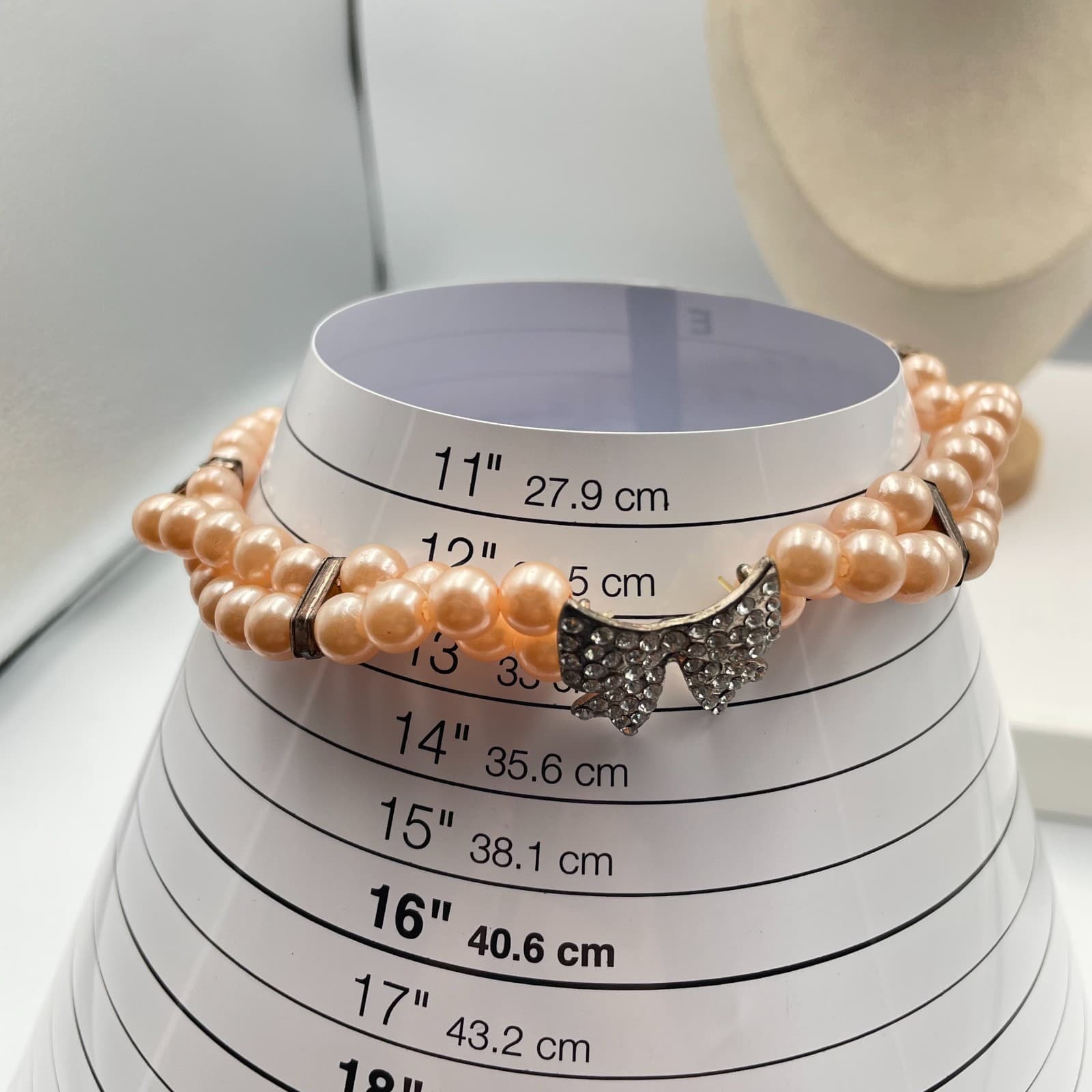 Vintage 2-Row Peach Faux Pearl Choker Necklace Rhinestone Bow Clasp Statement - Thumbnail 6