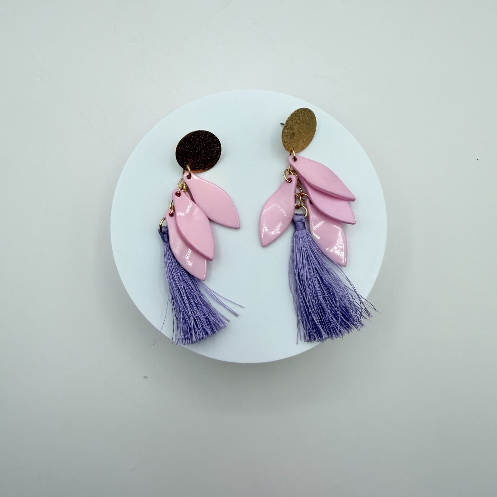Vintage 90s Pink Leaf Lavender Purple Tassel Dangle Earrings Fringe Jewelry - Thumbnail 3