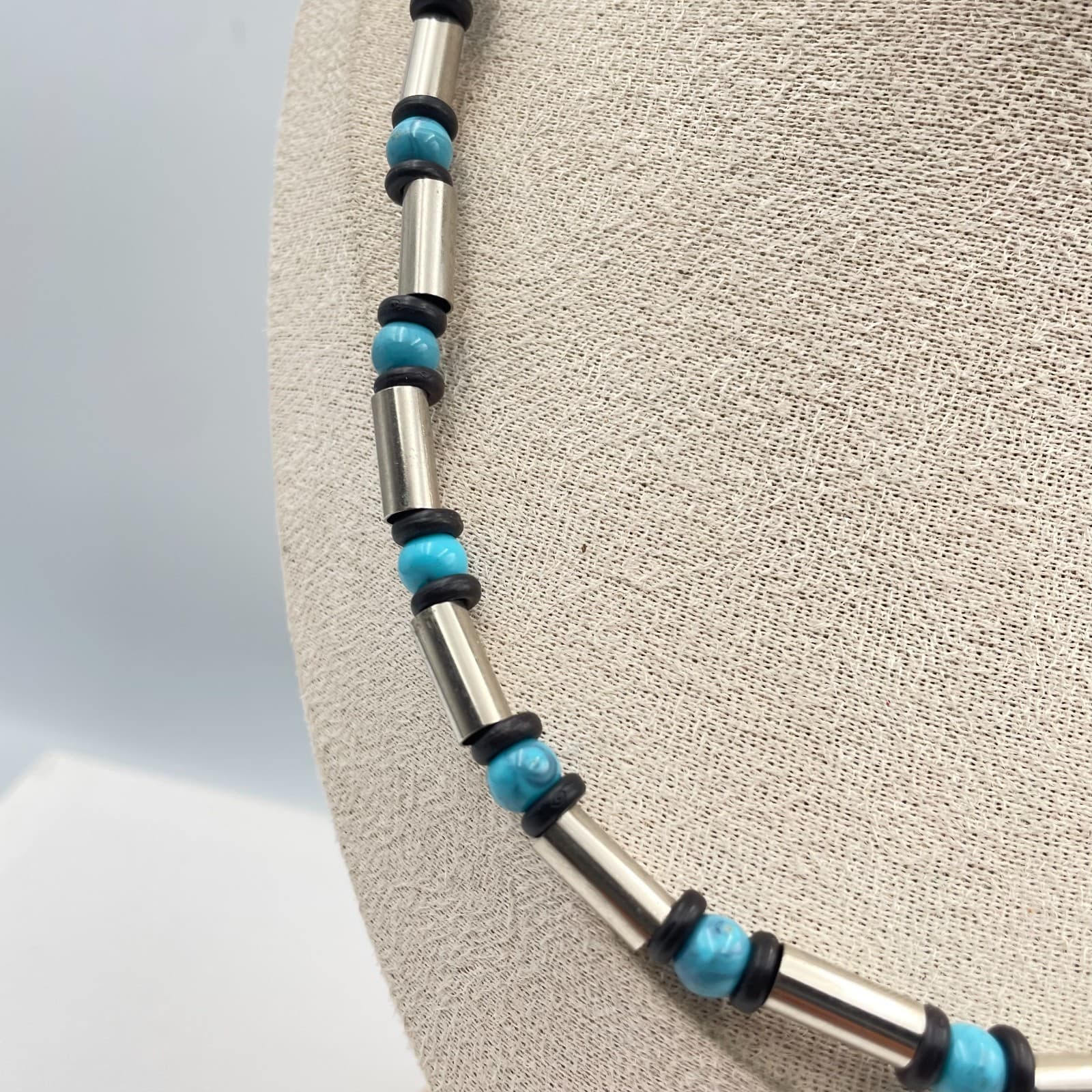 Vintage Turquoise Liquid Silver Bead Necklace Southwestern Boho Choker Statement - Thumbnail 3
