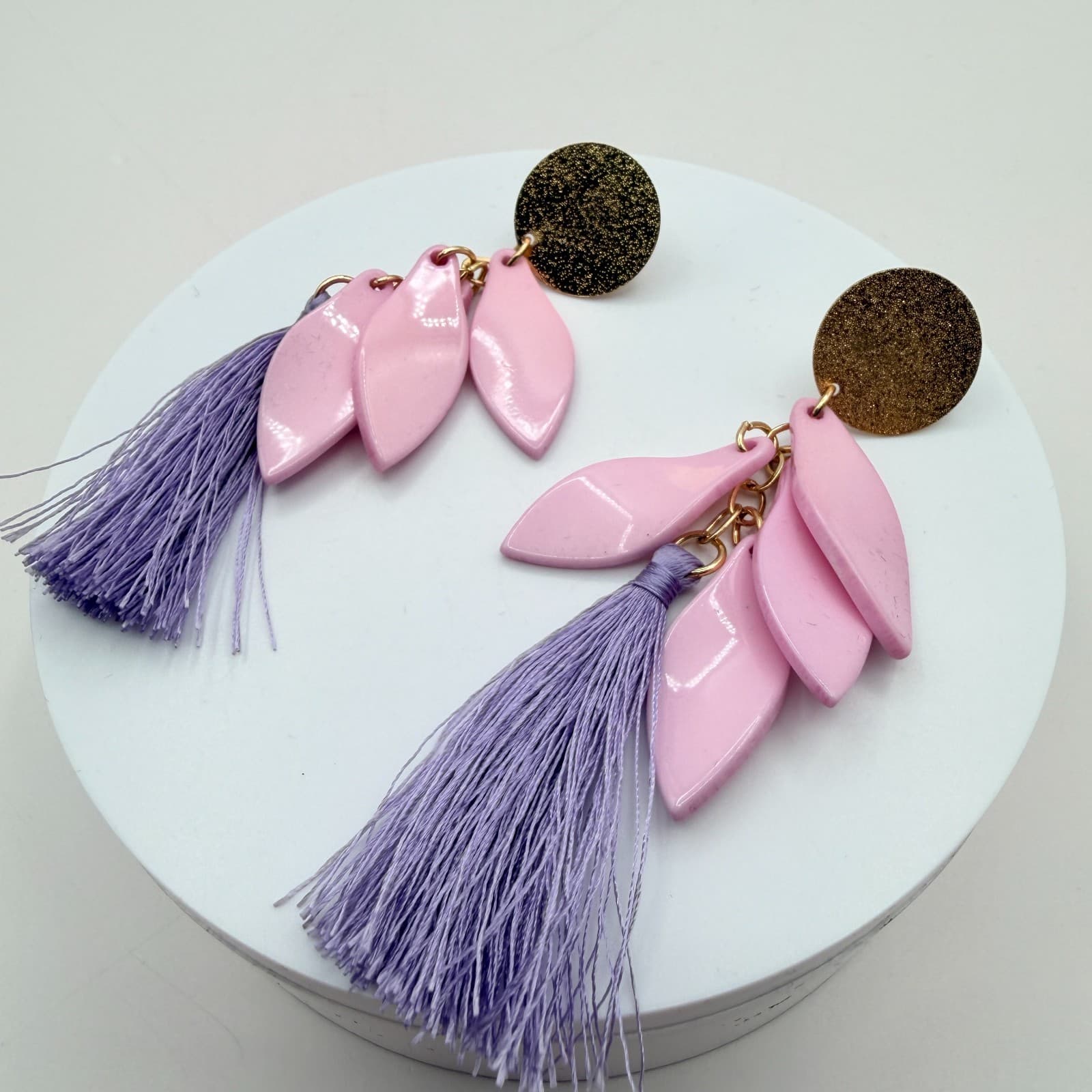 Vintage 90s Pink Leaf Lavender Purple Tassel Dangle Earrings Fringe Jewelry - Thumbnail 4