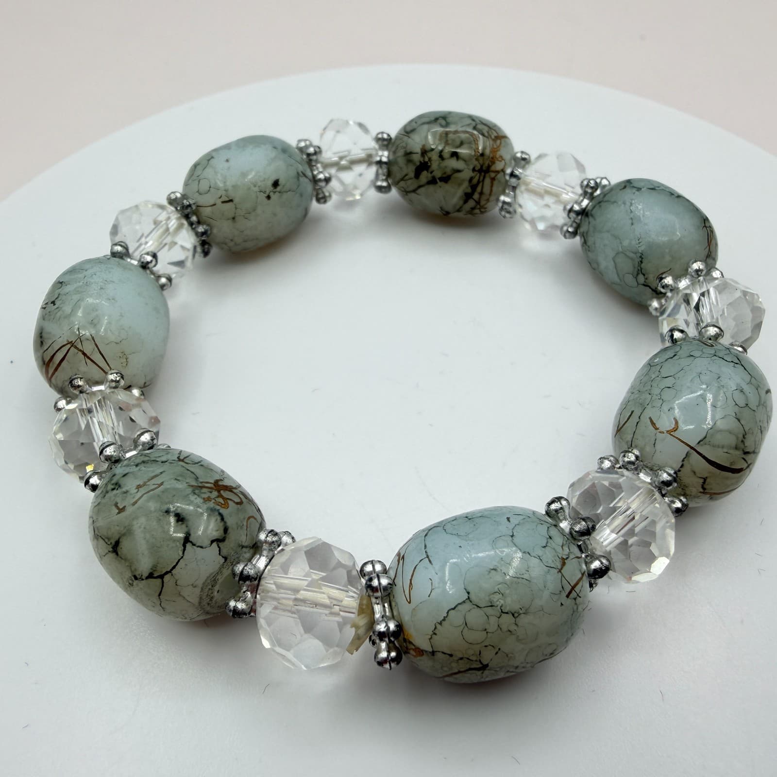 Vintage Y2K Silver Tone Beaded Stretch Bracelet Boho Women's Classic Jewelry - Thumbnail 7