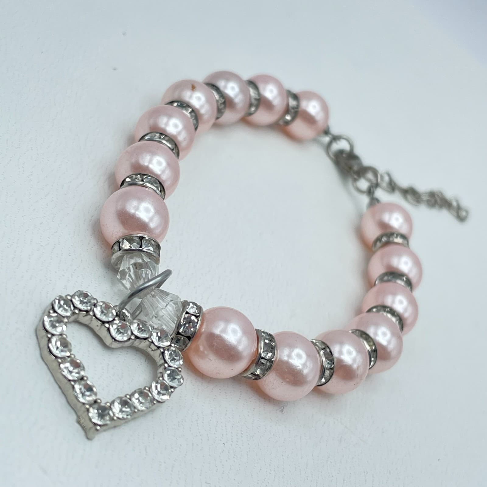 Vintage 90s Silver Tone Pink Pearl Rhinestone Heart Charm Bracelet Jewelry - Thumbnail 7