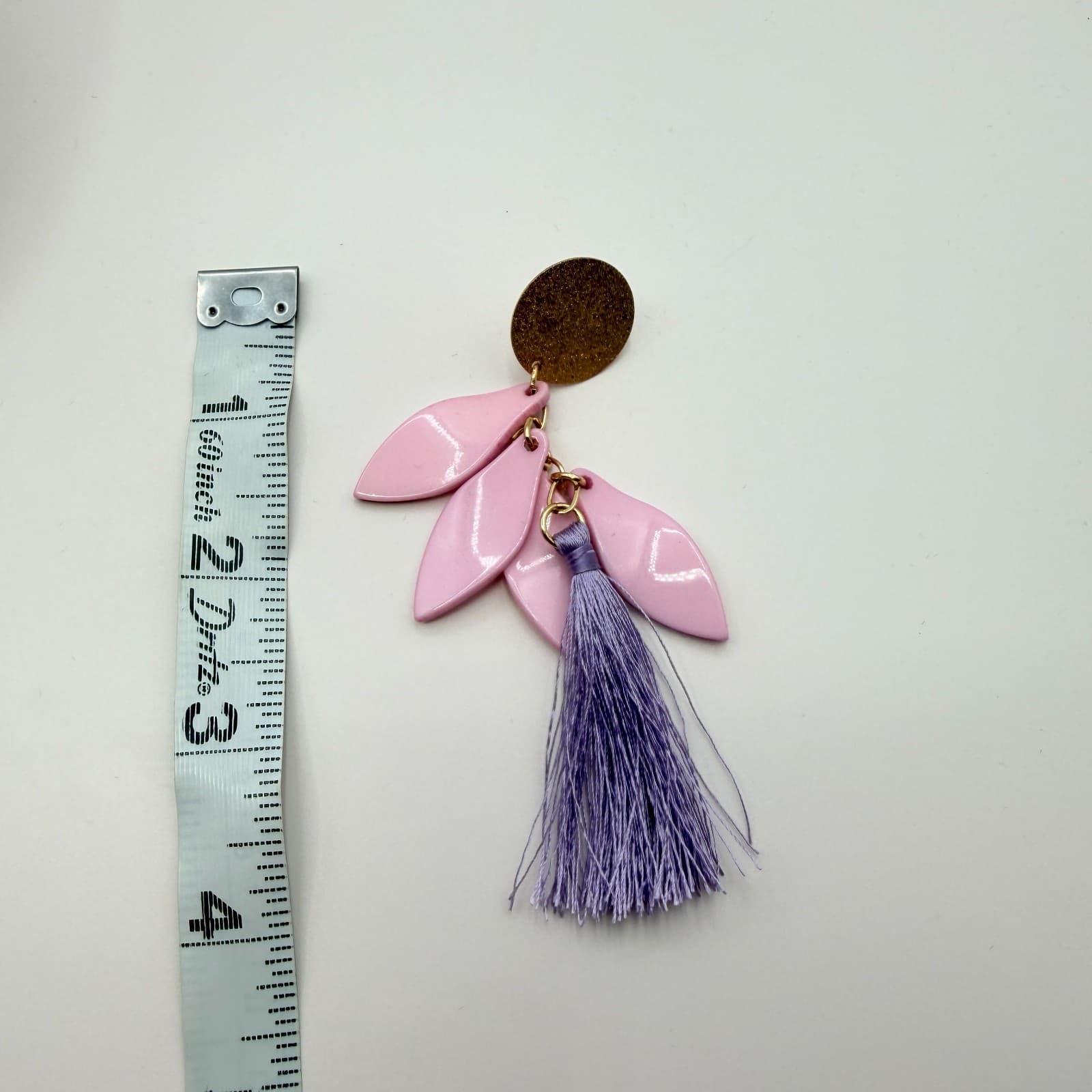 Vintage 90s Pink Leaf Lavender Purple Tassel Dangle Earrings Fringe Jewelry - Thumbnail 9