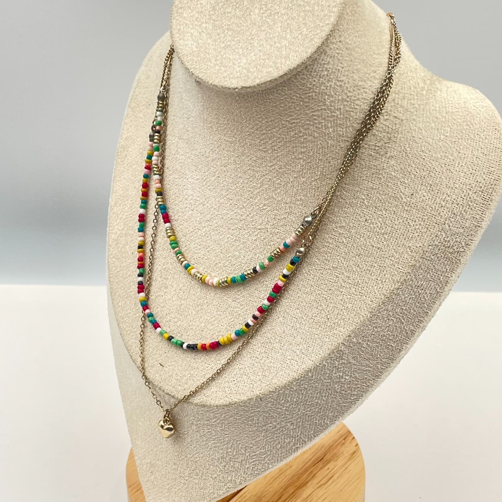 Vintage Boho Multi-Strand Layered Necklace Gold Tone Seed Bead Heart Pendant - Thumbnail 6