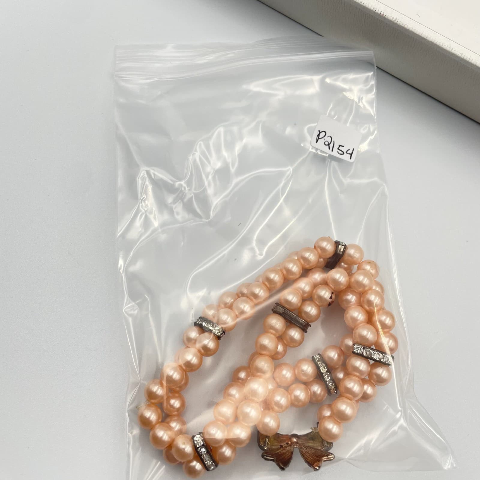 Vintage 2-Row Peach Faux Pearl Choker Necklace Rhinestone Bow Clasp Statement - Thumbnail 7