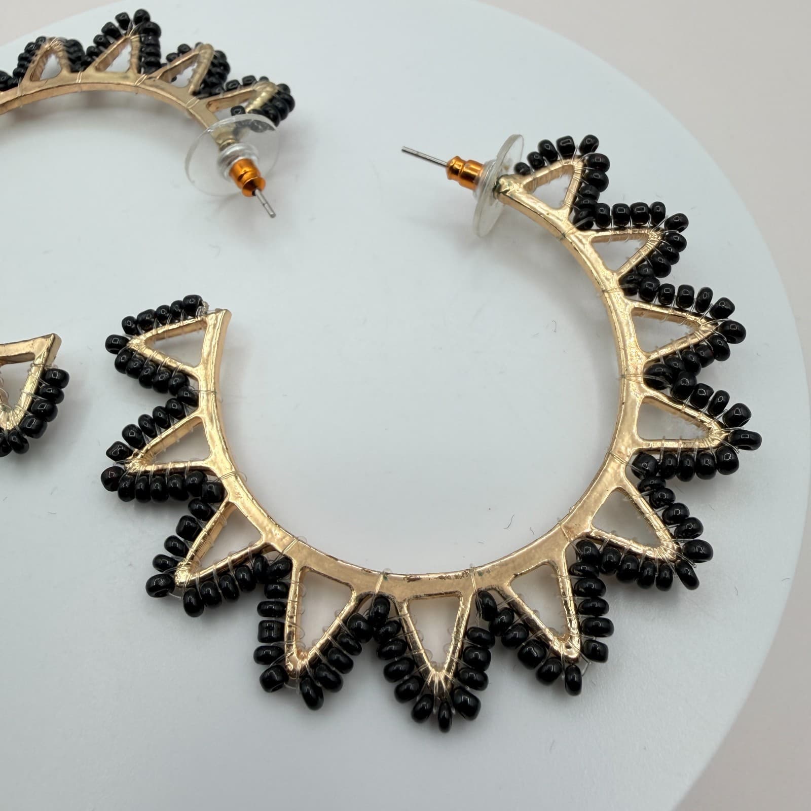 Vintage Y2K Gold Tone Black Beaded Hoop Sunburst Spike Earrings Women's Jewelry - Thumbnail 5