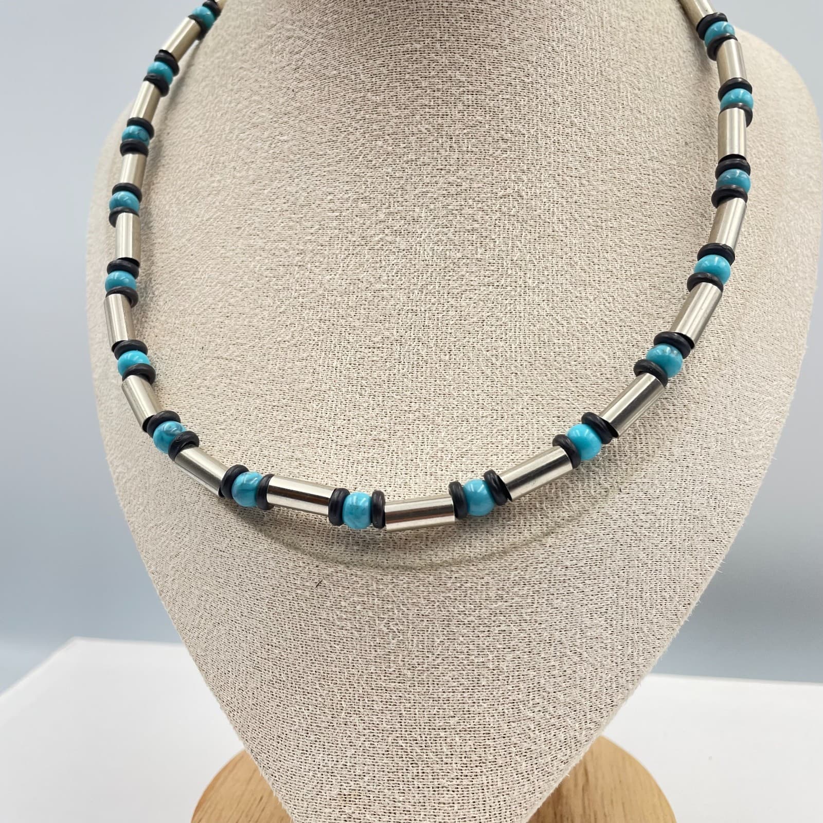 Vintage Turquoise Liquid Silver Bead Necklace Southwestern Boho Choker Statement - Thumbnail 2