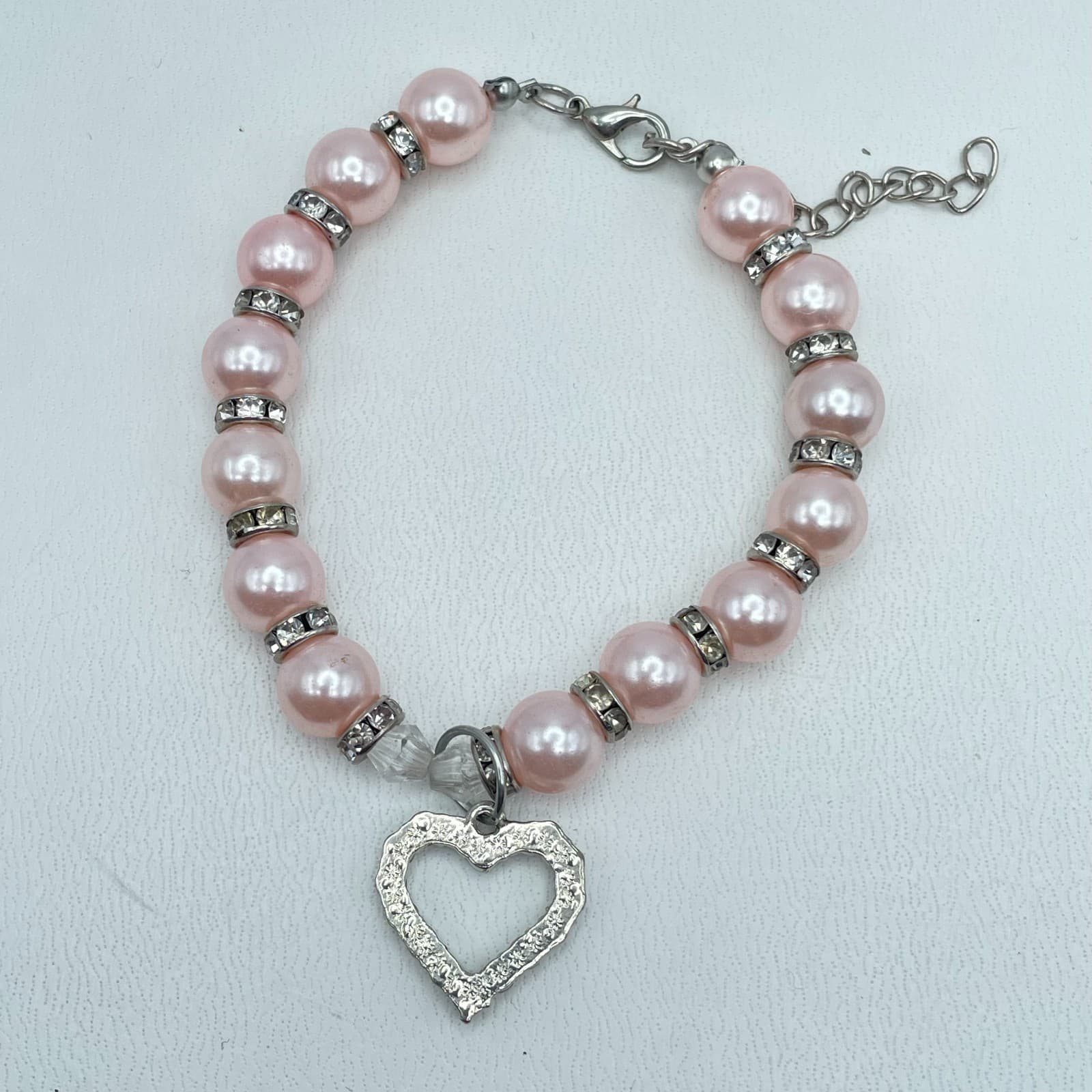 Vintage 90s Silver Tone Pink Pearl Rhinestone Heart Charm Bracelet Jewelry - Thumbnail 2