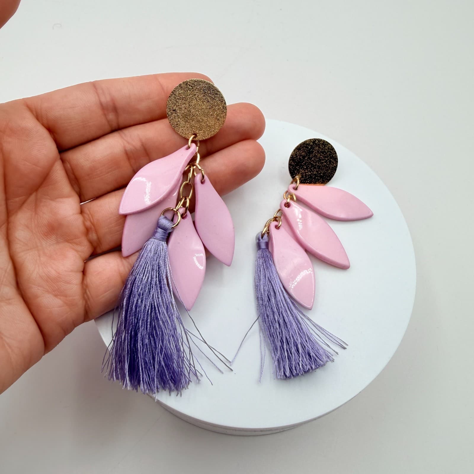 Vintage 90s Pink Leaf Lavender Purple Tassel Dangle Earrings Fringe Jewelry - Thumbnail 8