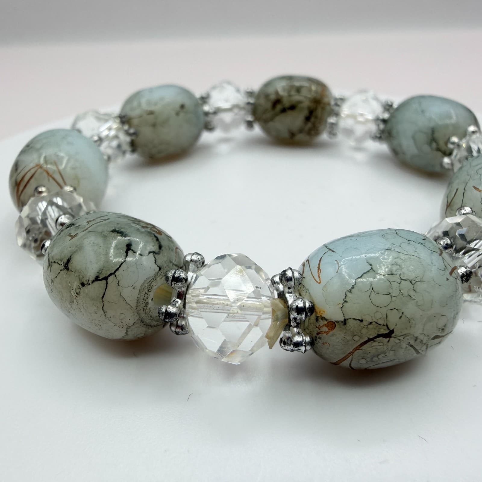 Vintage Y2K Silver Tone Beaded Stretch Bracelet Boho Women's Classic Jewelry - Thumbnail 5