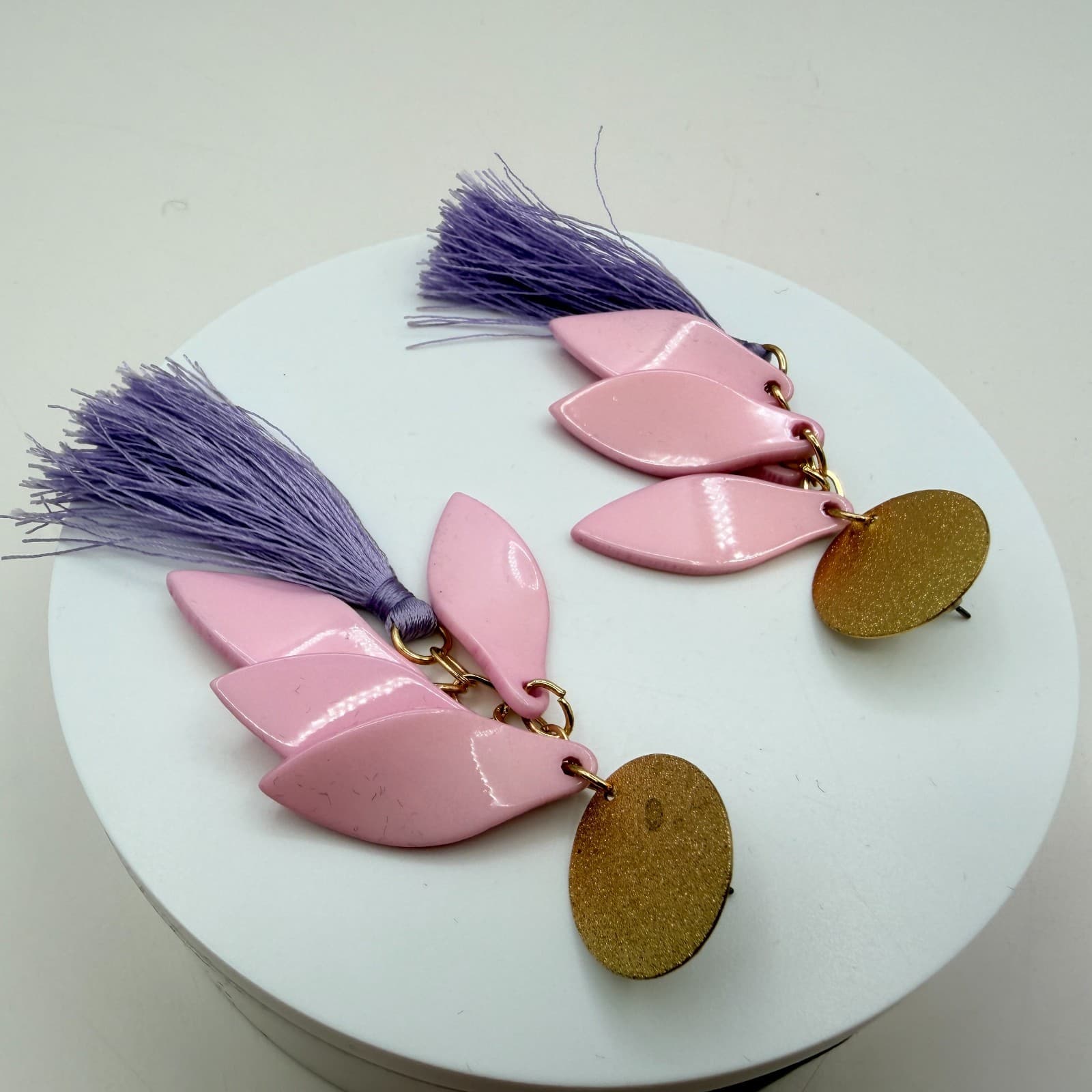 Vintage 90s Pink Leaf Lavender Purple Tassel Dangle Earrings Fringe Jewelry - Thumbnail 6