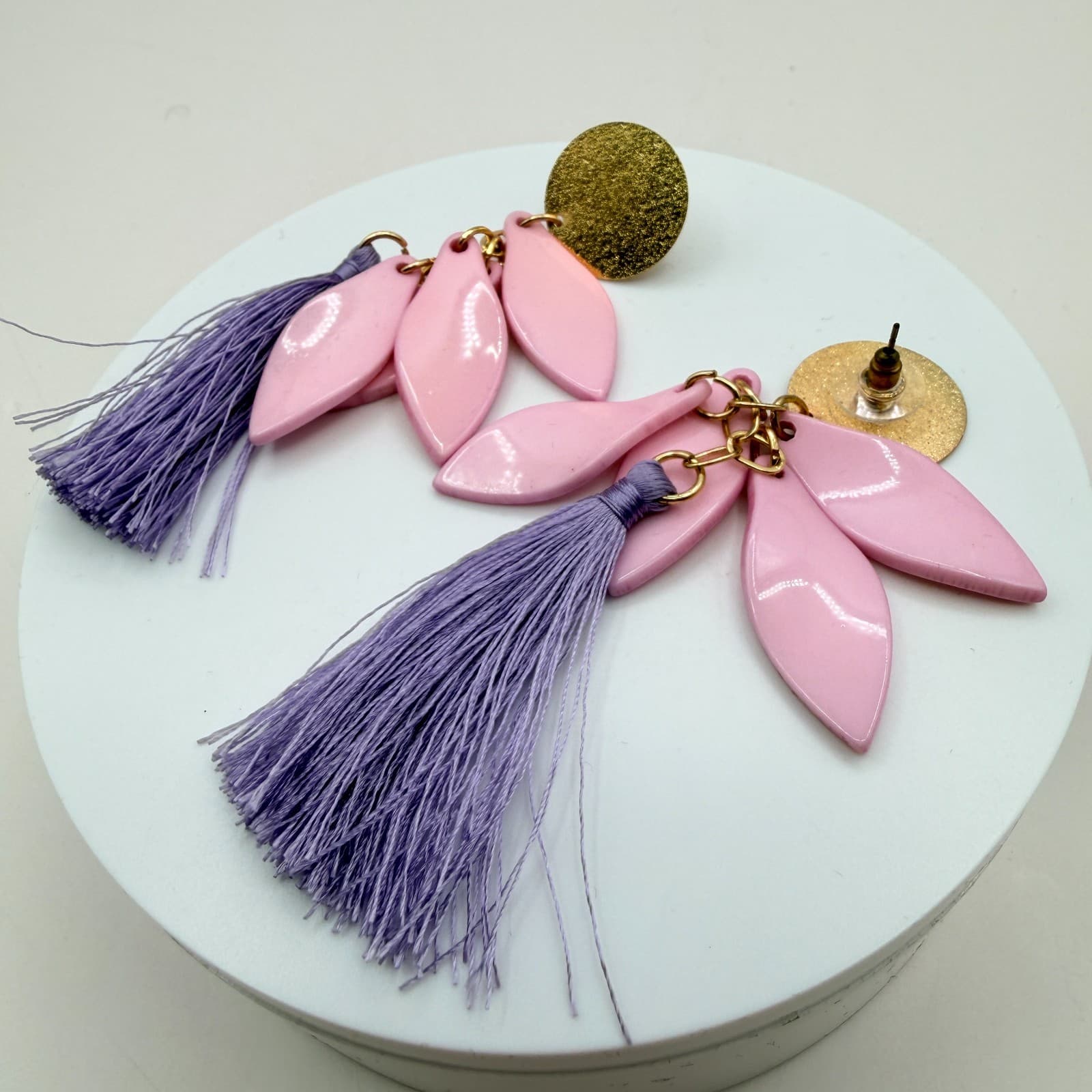 Vintage 90s Pink Leaf Lavender Purple Tassel Dangle Earrings Fringe Jewelry - Thumbnail 7