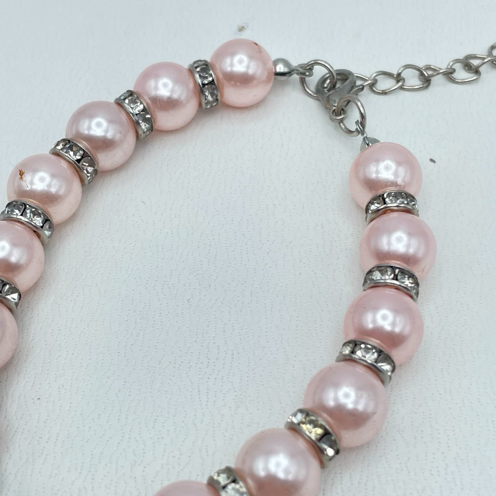 Vintage 90s Silver Tone Pink Pearl Rhinestone Heart Charm Bracelet Jewelry - Thumbnail 5