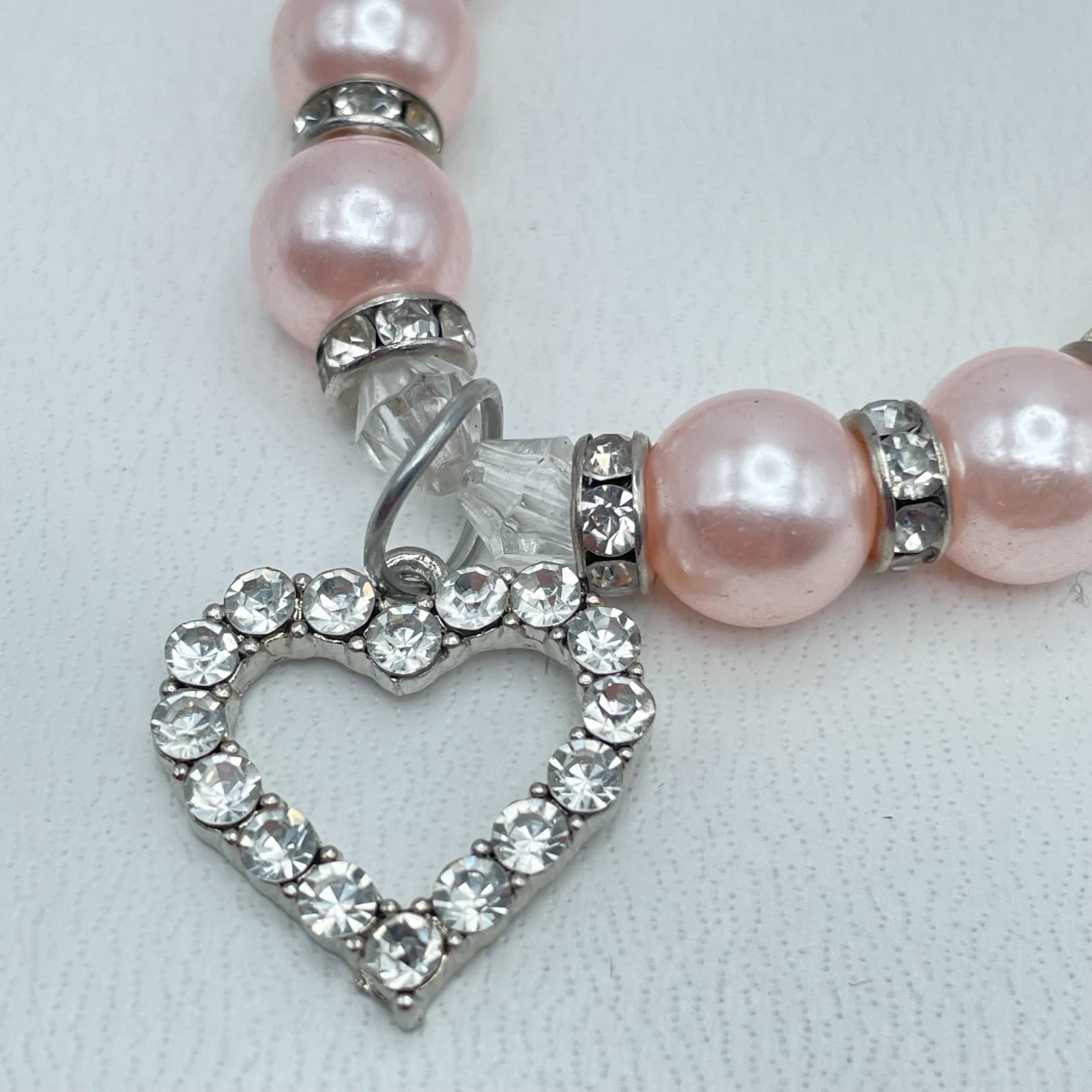 Vintage 90s Silver Tone Pink Pearl Rhinestone Heart Charm Bracelet Jewelry - Thumbnail 4
