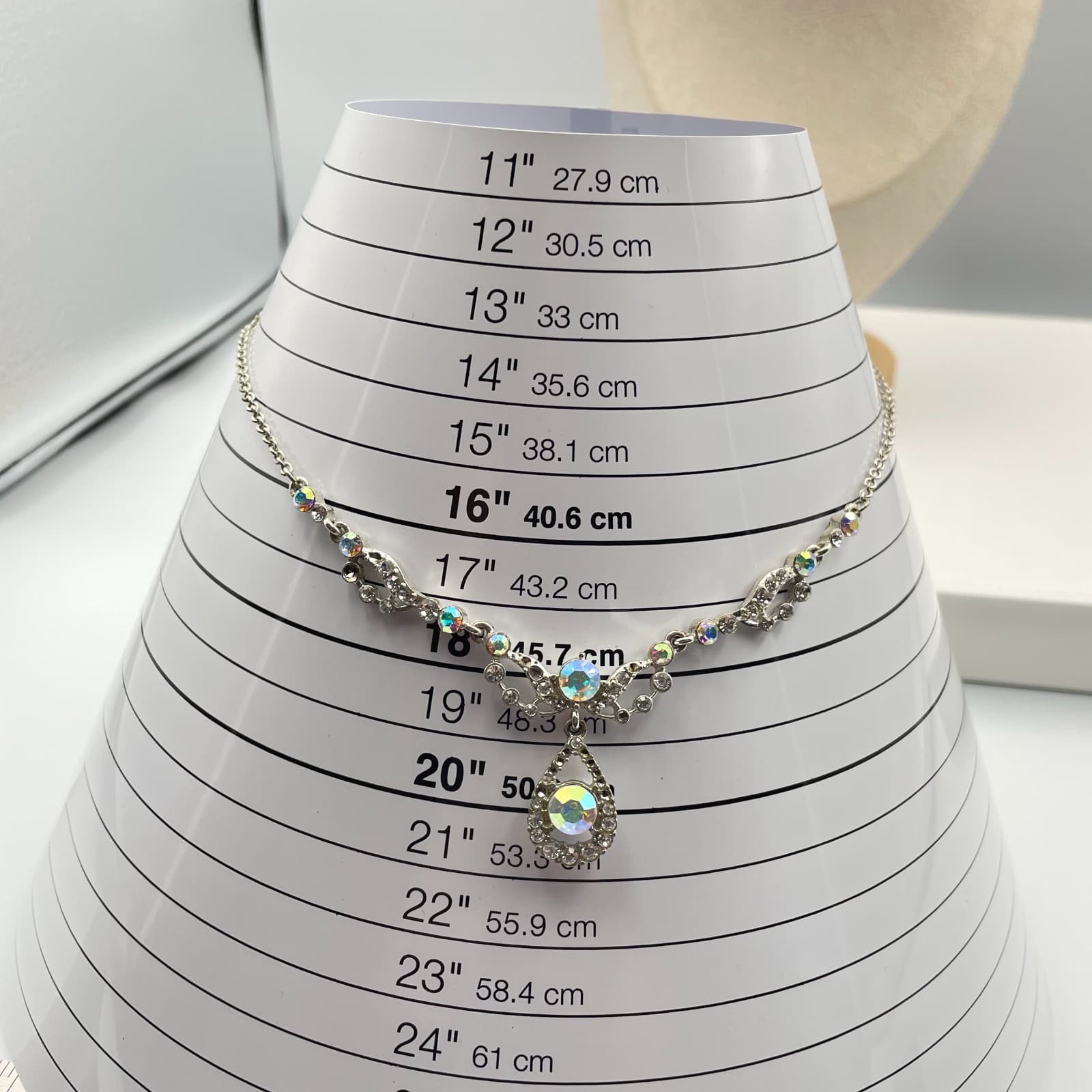 Vintage Aurora Borealis AB Rhinestone Teardrop Necklace Silver Tone Prom Bridal - Thumbnail 5