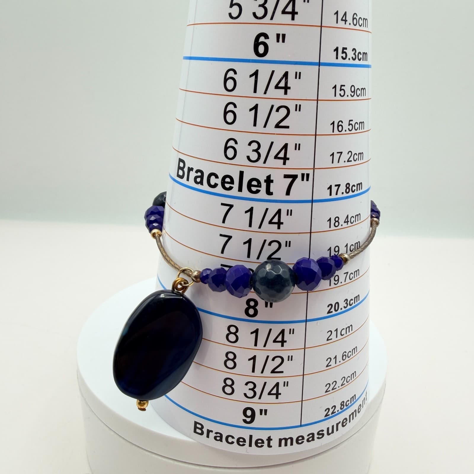 Vintage 90s Cobalt Blue Glass Bead Bangle Bracelet Gold Tone Agate Charm Jewelry - Thumbnail 11