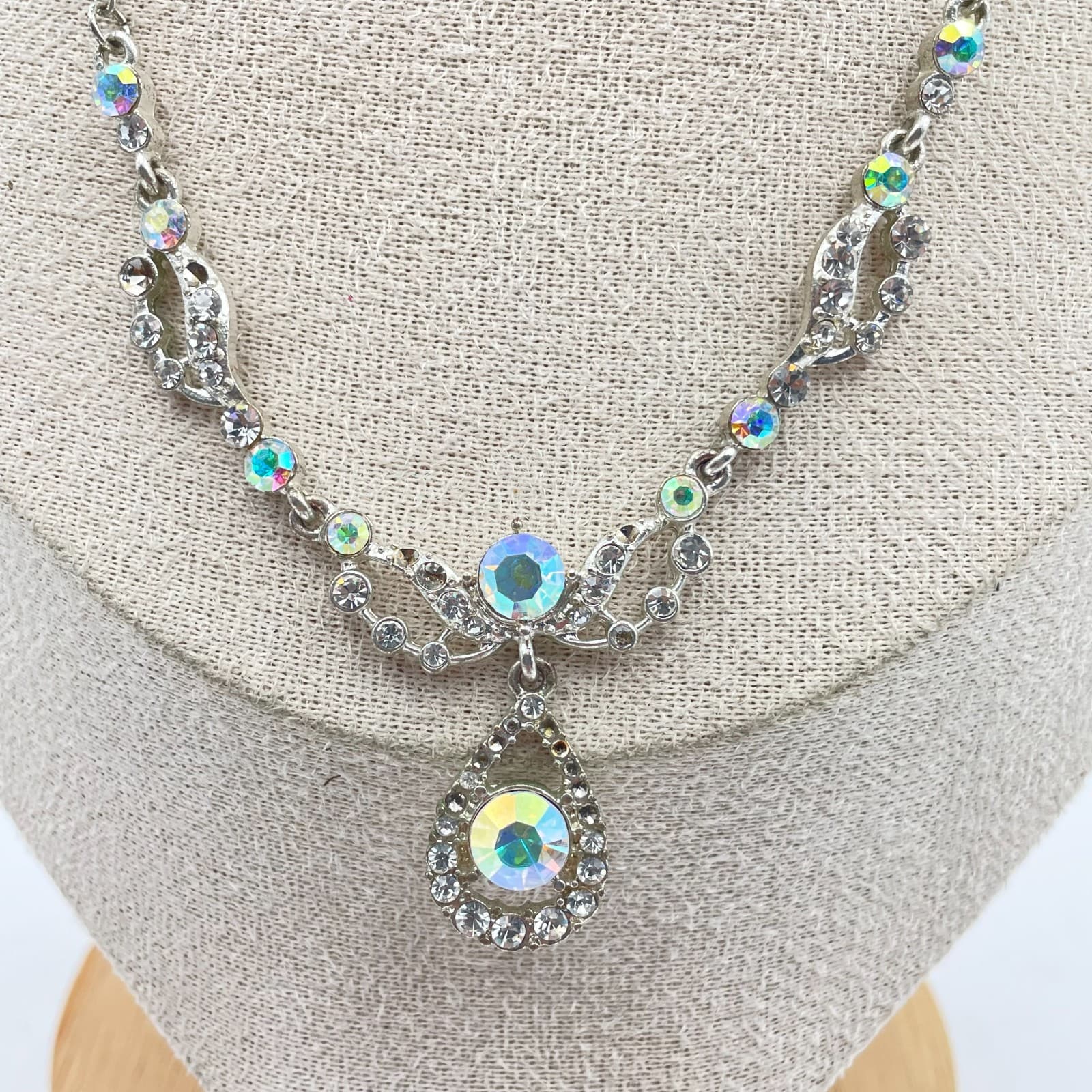 Vintage Aurora Borealis AB Rhinestone Teardrop Necklace Silver Tone Prom Bridal - Thumbnail 2