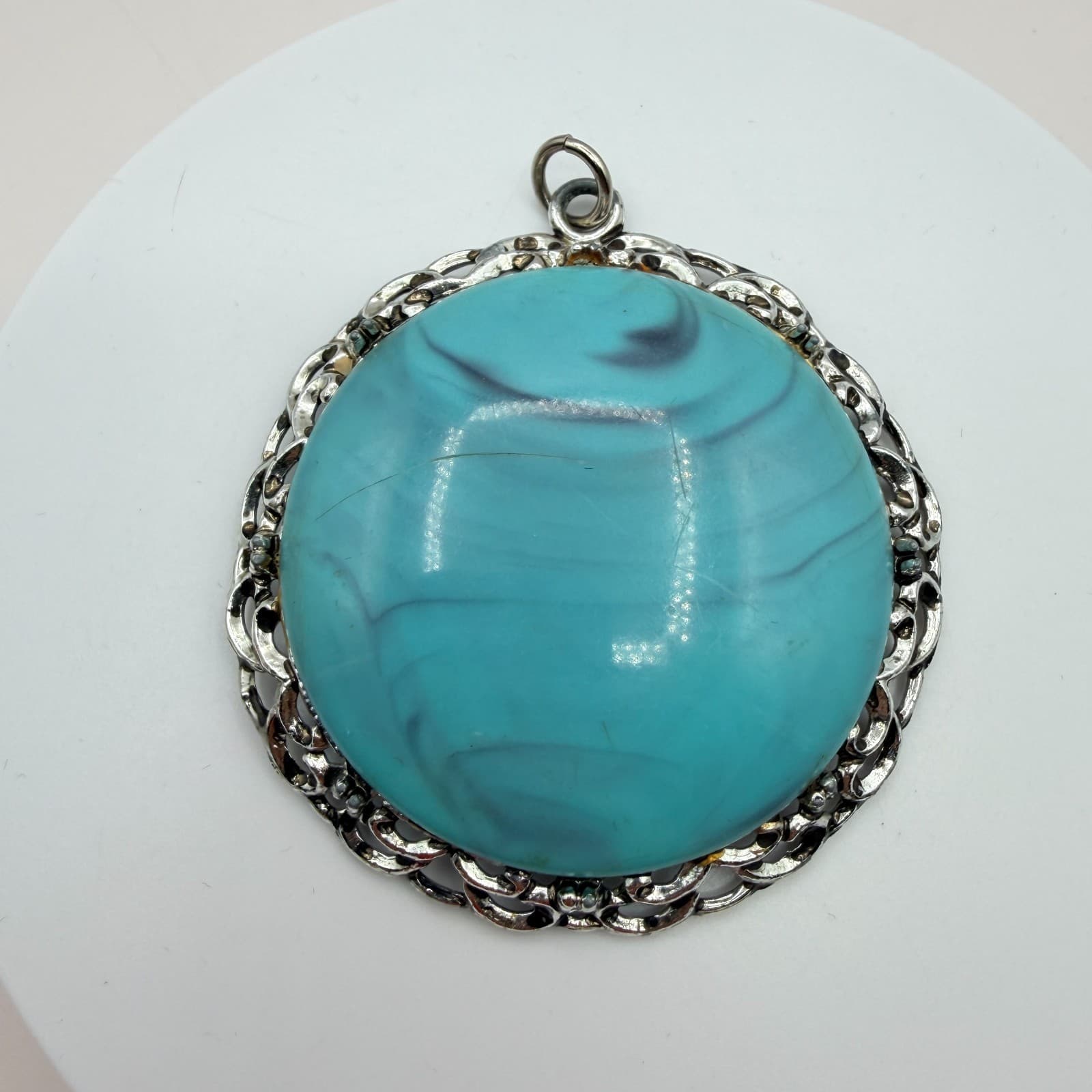 Vintage 90s Silver Tone Filigree Turquoise Swirl Statement Pendant Boho Jewelry - Image 1