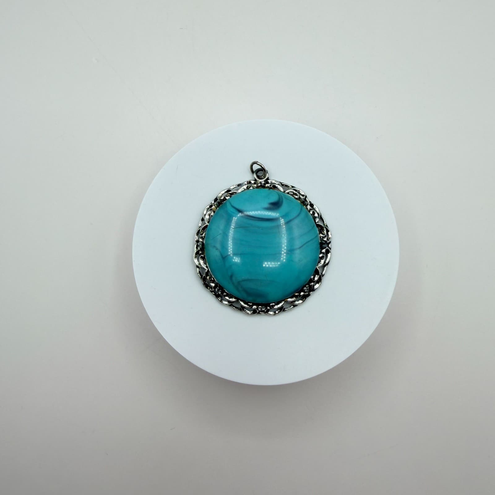 Vintage 90s Silver Tone Filigree Turquoise Swirl Statement Pendant Boho Jewelry - Thumbnail 2