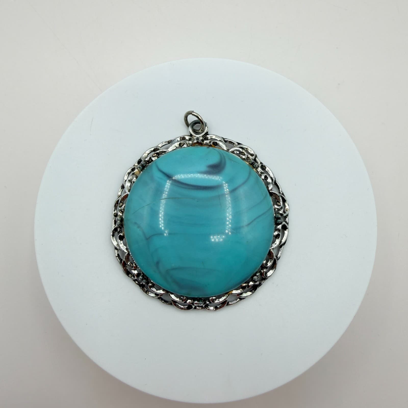 Vintage 90s Silver Tone Filigree Turquoise Swirl Statement Pendant Boho Jewelry - Thumbnail 3