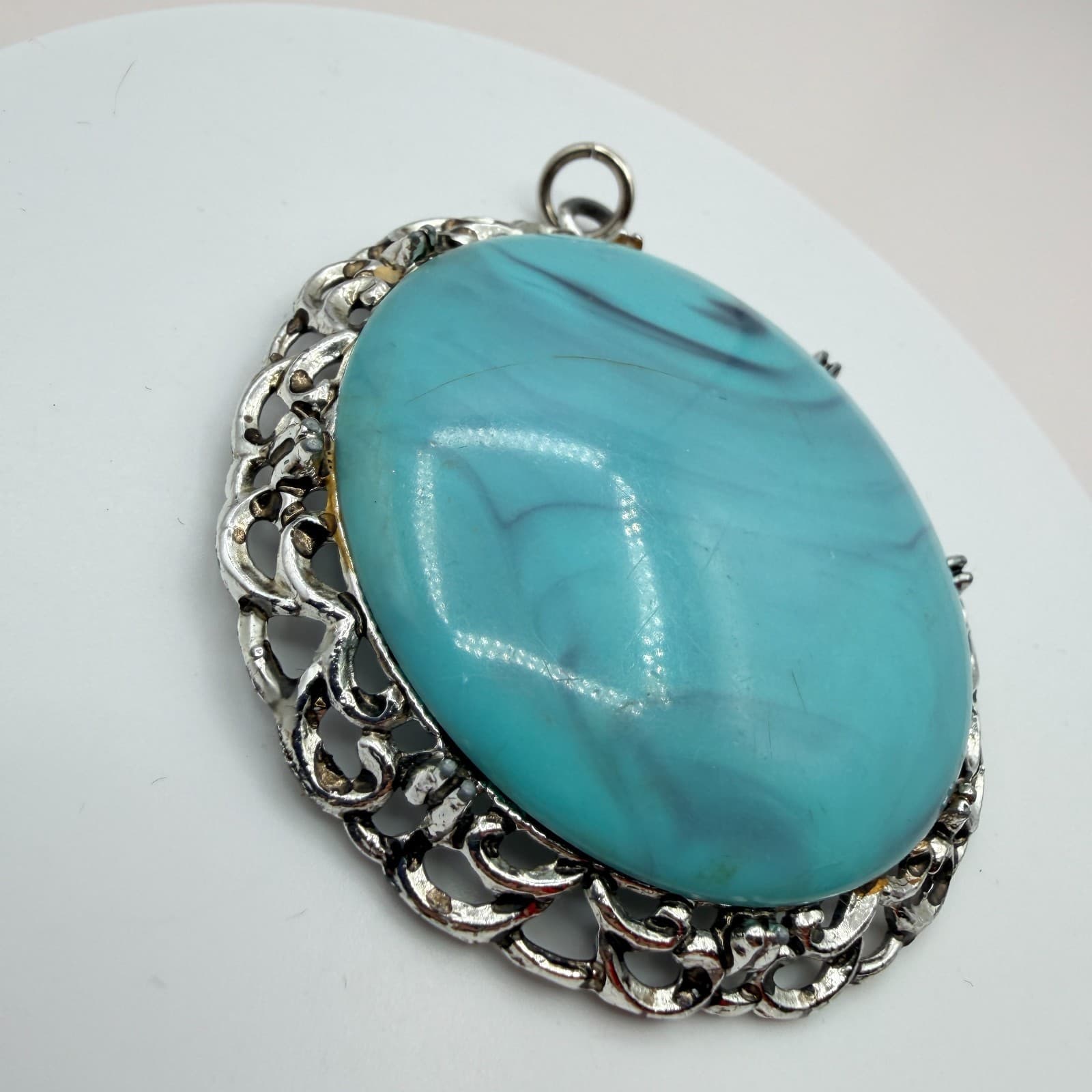 Vintage 90s Silver Tone Filigree Turquoise Swirl Statement Pendant Boho Jewelry - Thumbnail 4