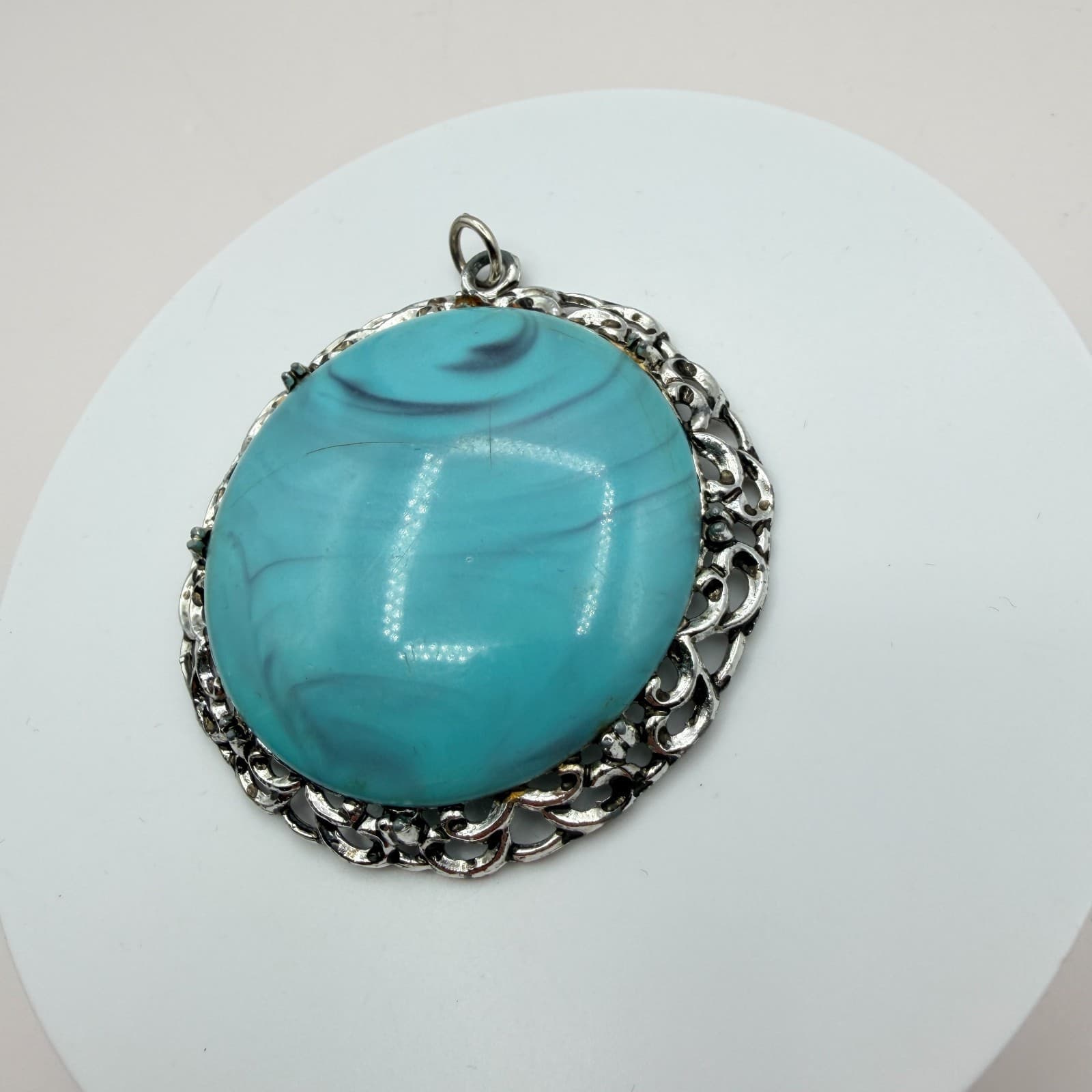 Vintage 90s Silver Tone Filigree Turquoise Swirl Statement Pendant Boho Jewelry - Thumbnail 5