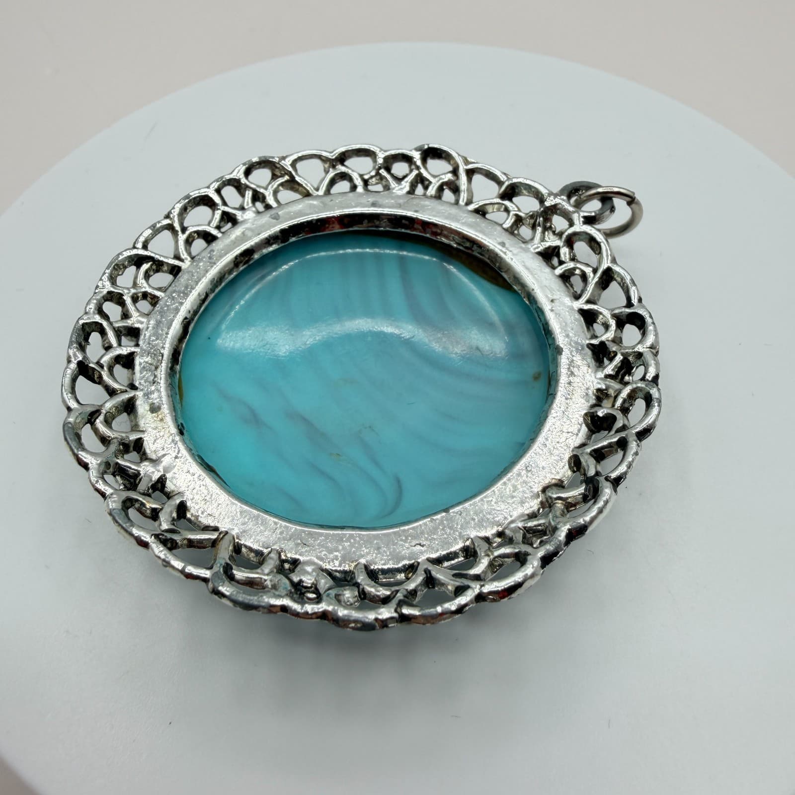 Vintage 90s Silver Tone Filigree Turquoise Swirl Statement Pendant Boho Jewelry - Thumbnail 6
