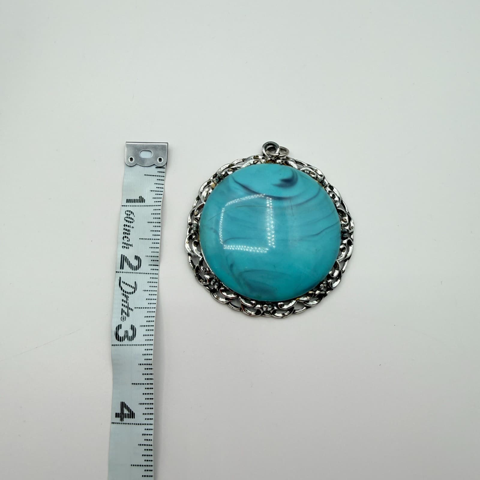 Vintage 90s Silver Tone Filigree Turquoise Swirl Statement Pendant Boho Jewelry - Thumbnail 10