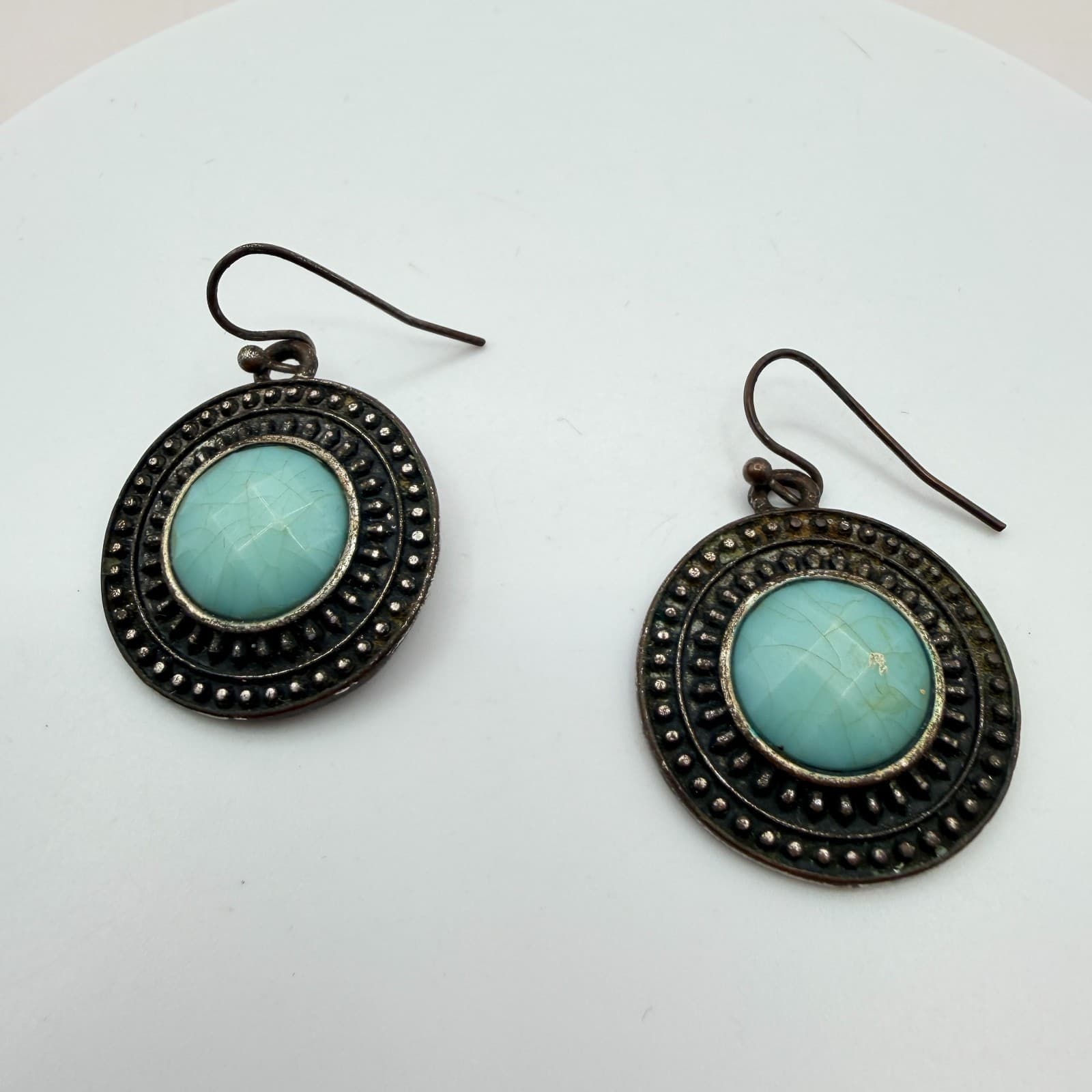 Vintage 90s Teal Blue Glass Drop Earrings Antique Bronze Tone Round Statement - Image 1