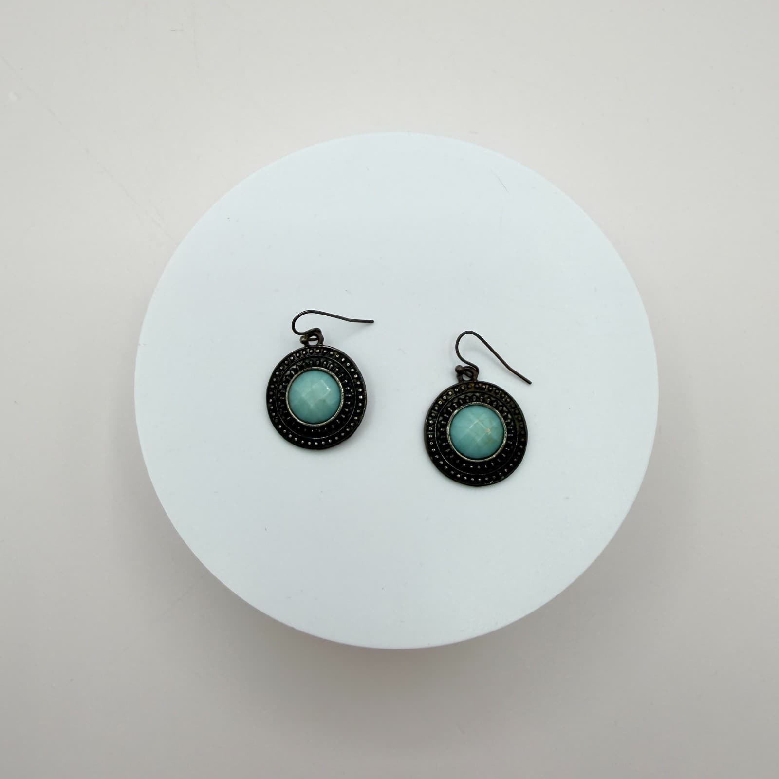 Vintage 90s Teal Blue Glass Drop Earrings Antique Bronze Tone Round Statement - Thumbnail 2