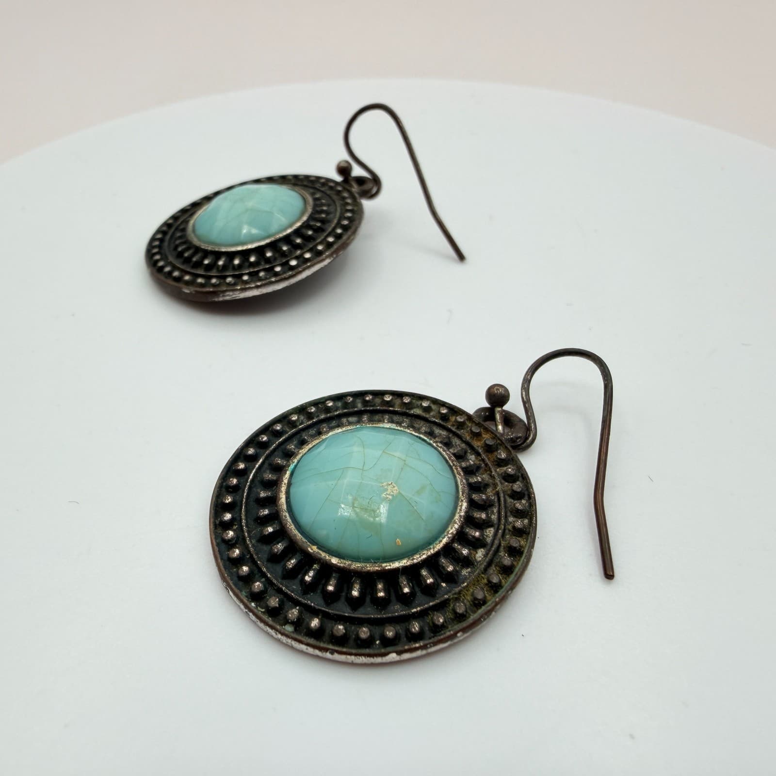 Vintage 90s Teal Blue Glass Drop Earrings Antique Bronze Tone Round Statement - Thumbnail 5