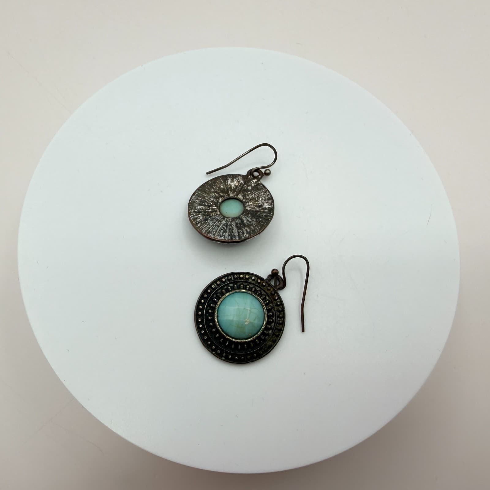 Vintage 90s Teal Blue Glass Drop Earrings Antique Bronze Tone Round Statement - Thumbnail 6