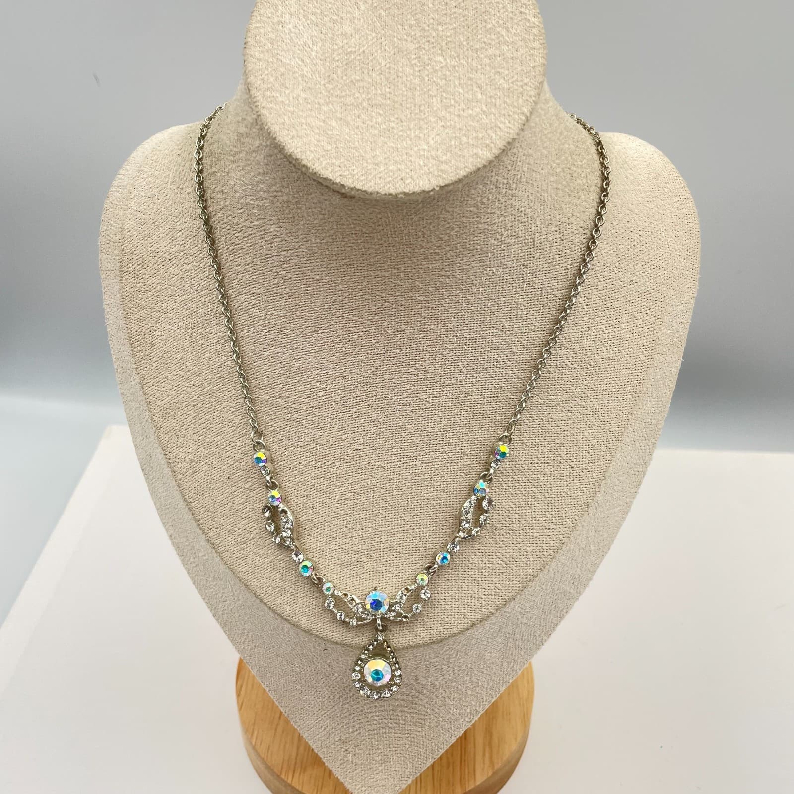 Vintage Aurora Borealis AB Rhinestone Teardrop Necklace Silver Tone Prom Bridal - Image 1