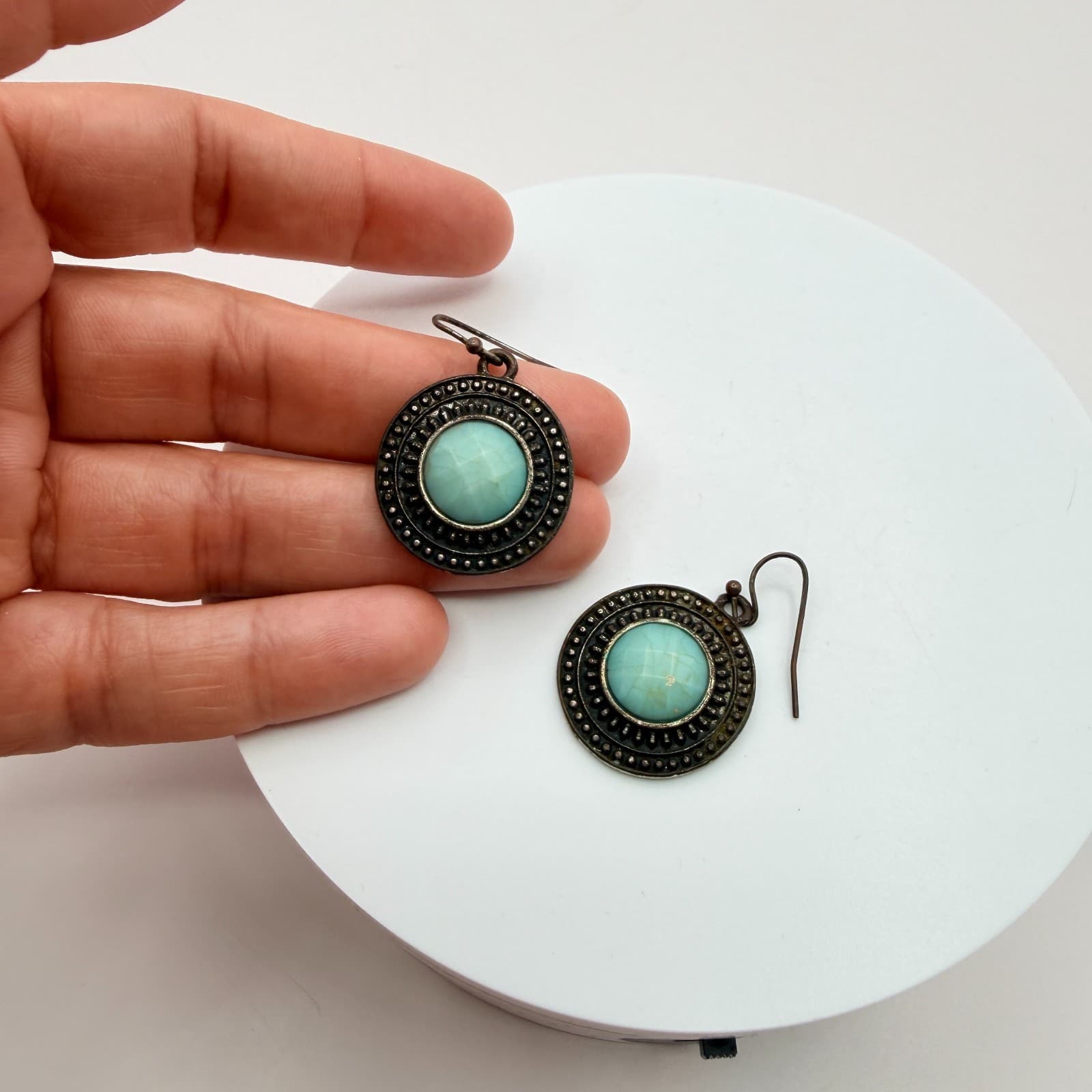 Vintage 90s Teal Blue Glass Drop Earrings Antique Bronze Tone Round Statement - Thumbnail 7