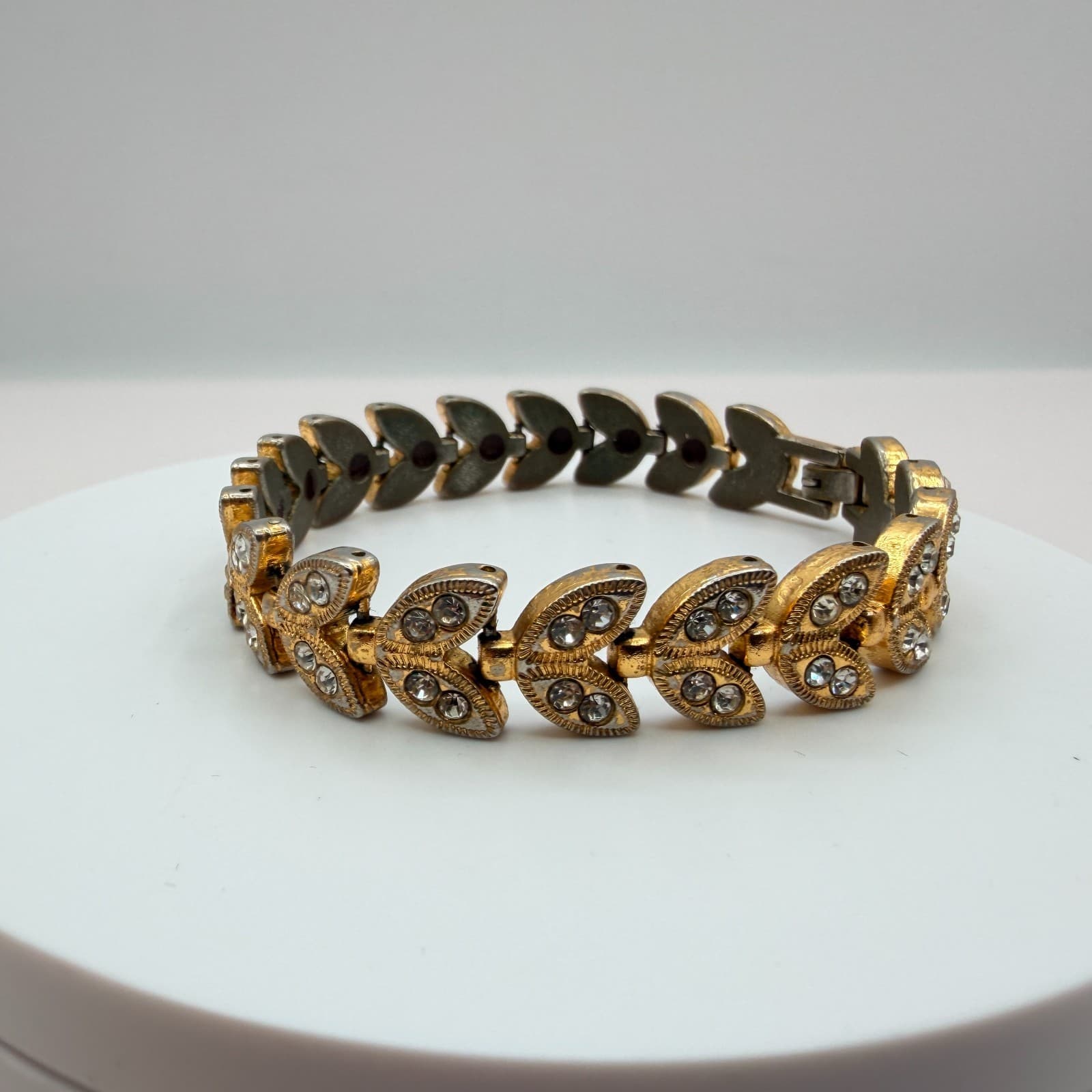 Vintage 90s Gold Tone Leaf Link Clear Rhinestone Bracelet Boho Women's Jewelry - Thumbnail 2