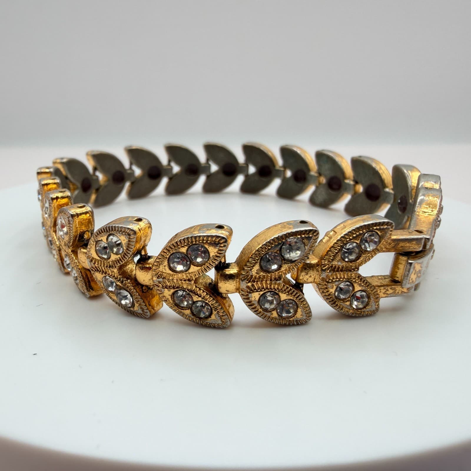 Vintage 90s Gold Tone Leaf Link Clear Rhinestone Bracelet Boho Women's Jewelry - Thumbnail 5