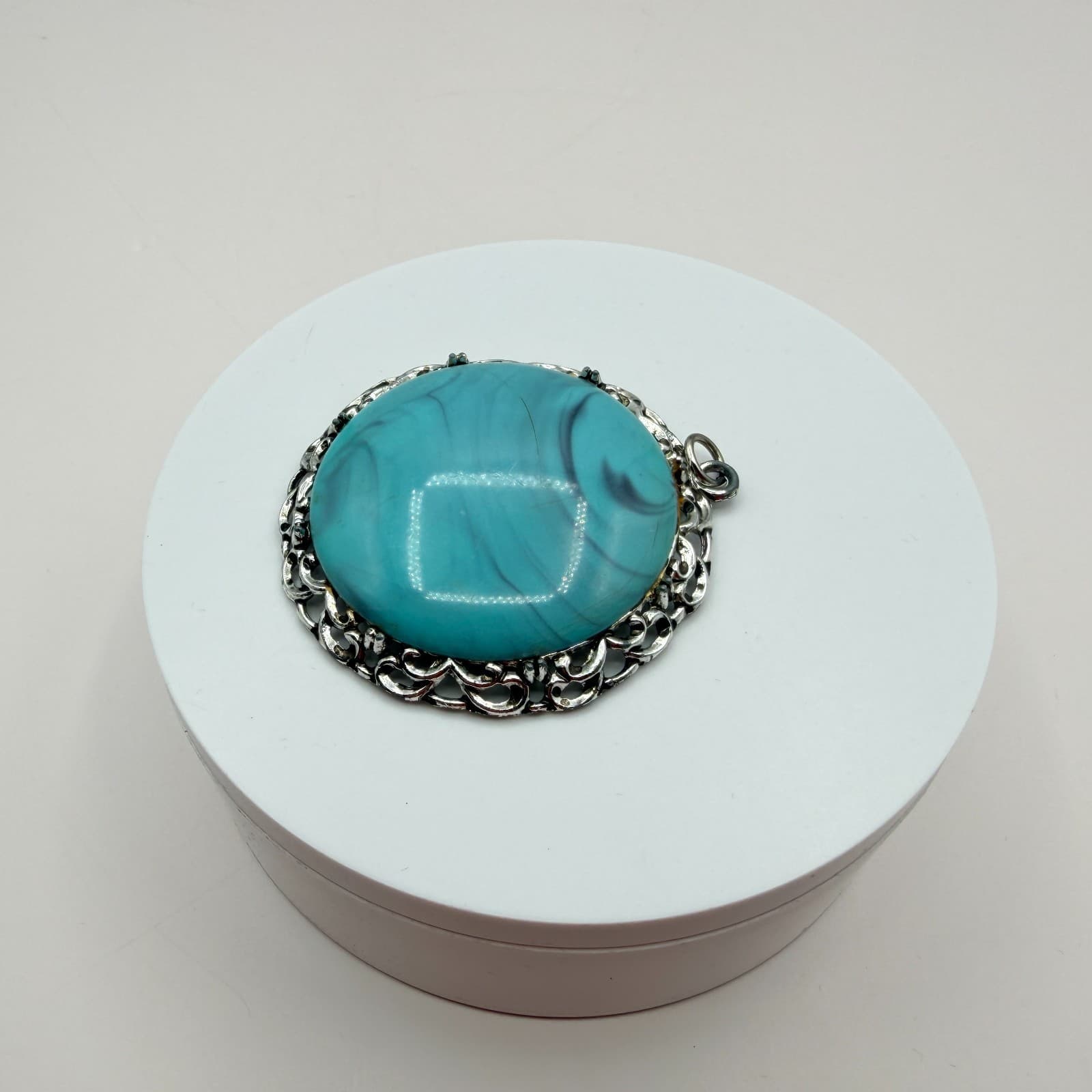 Vintage 90s Silver Tone Filigree Turquoise Swirl Statement Pendant Boho Jewelry - Thumbnail 8