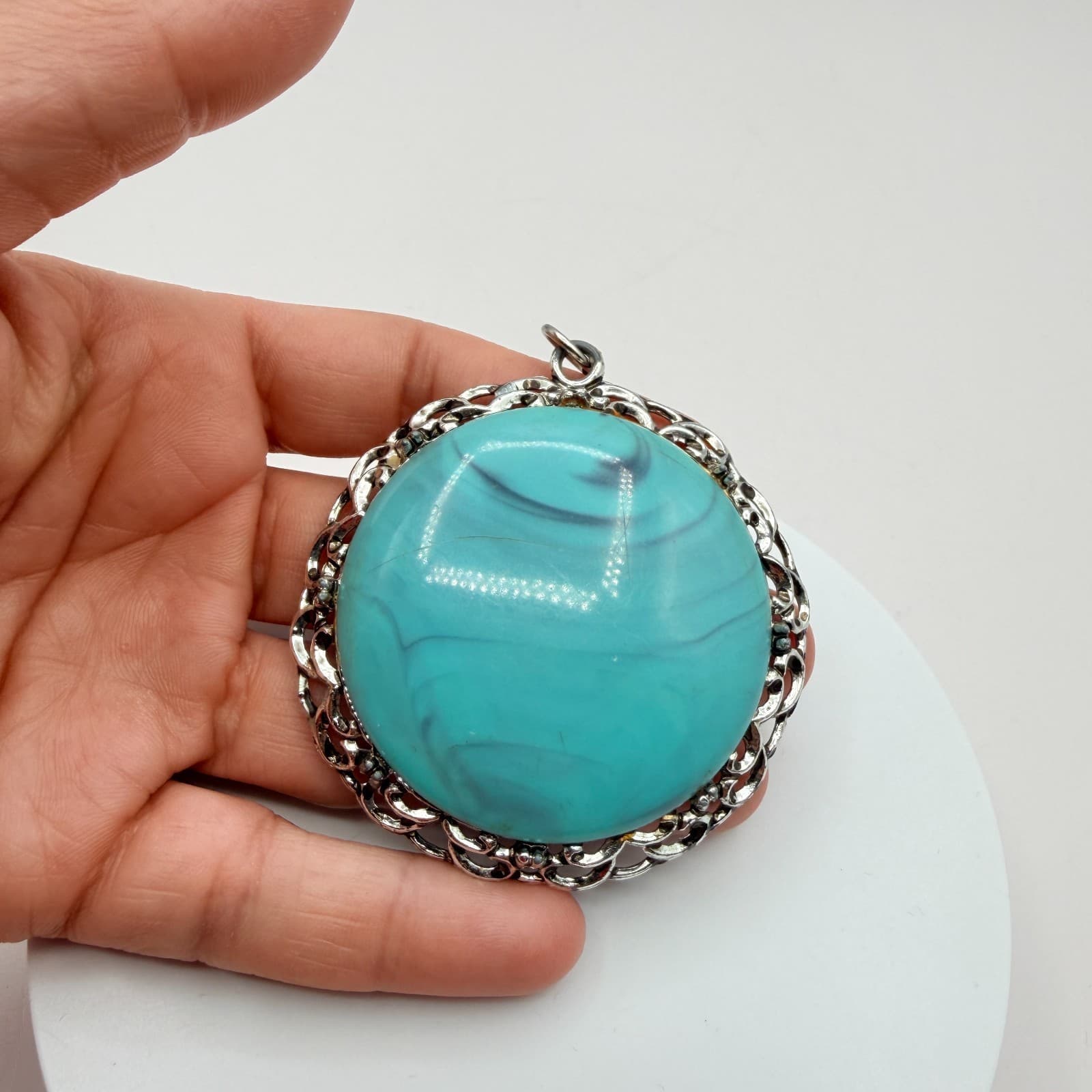 Vintage 90s Silver Tone Filigree Turquoise Swirl Statement Pendant Boho Jewelry - Thumbnail 9