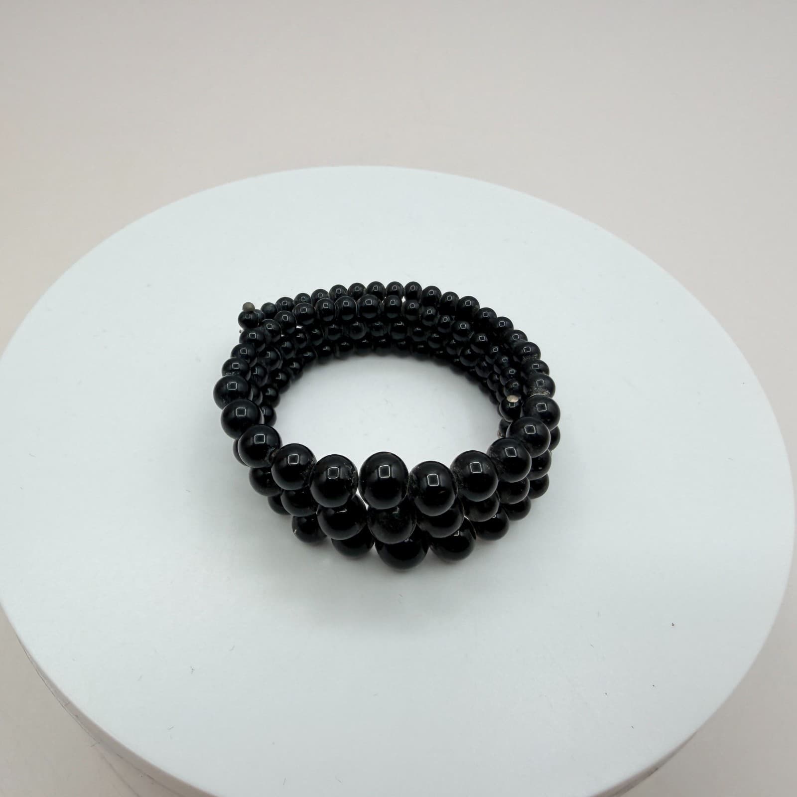 Vintage 90s Black Beaded Memory Wire Wrap Bracelet Women's Classic Jewelry - Thumbnail 6