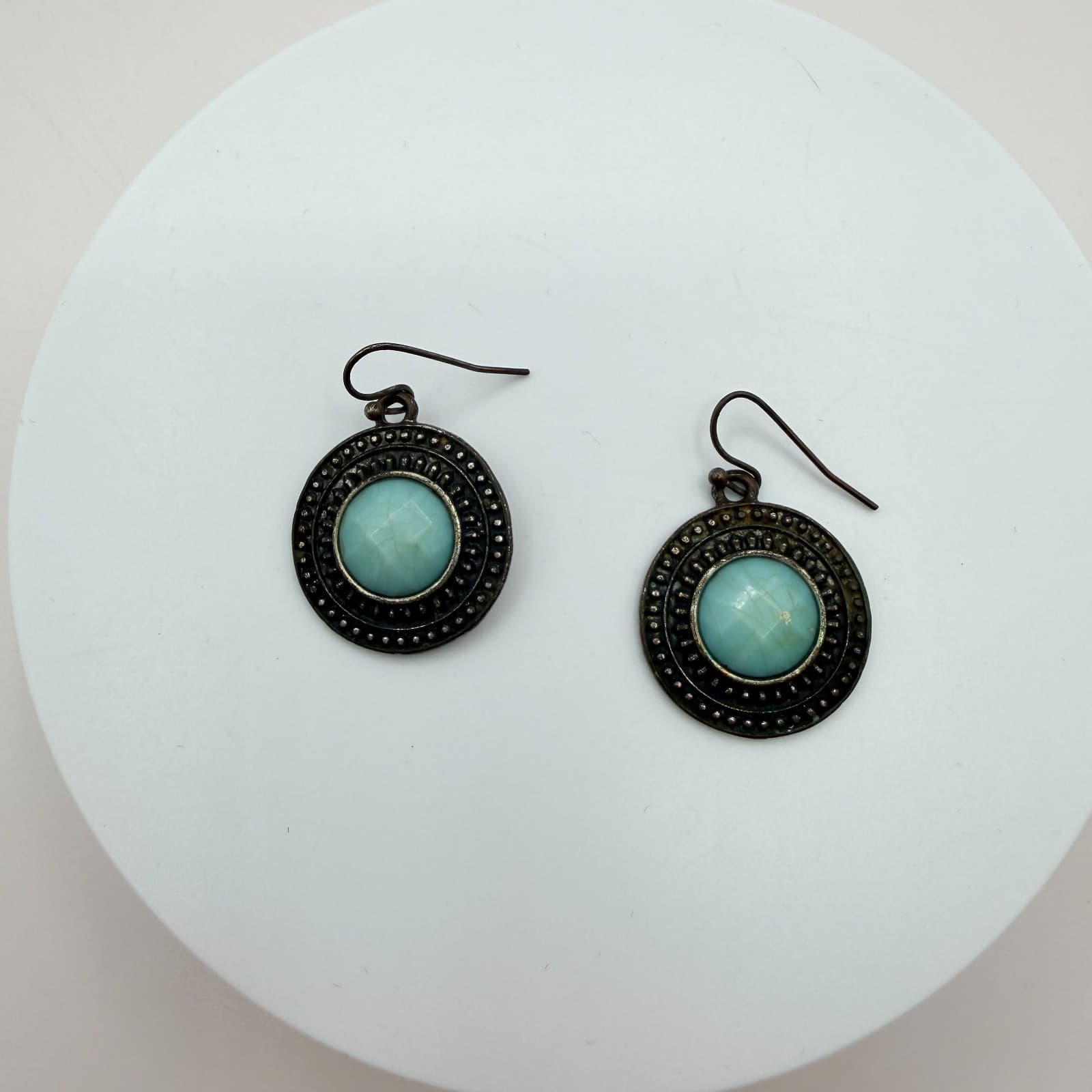 Vintage 90s Teal Blue Glass Drop Earrings Antique Bronze Tone Round Statement - Thumbnail 3