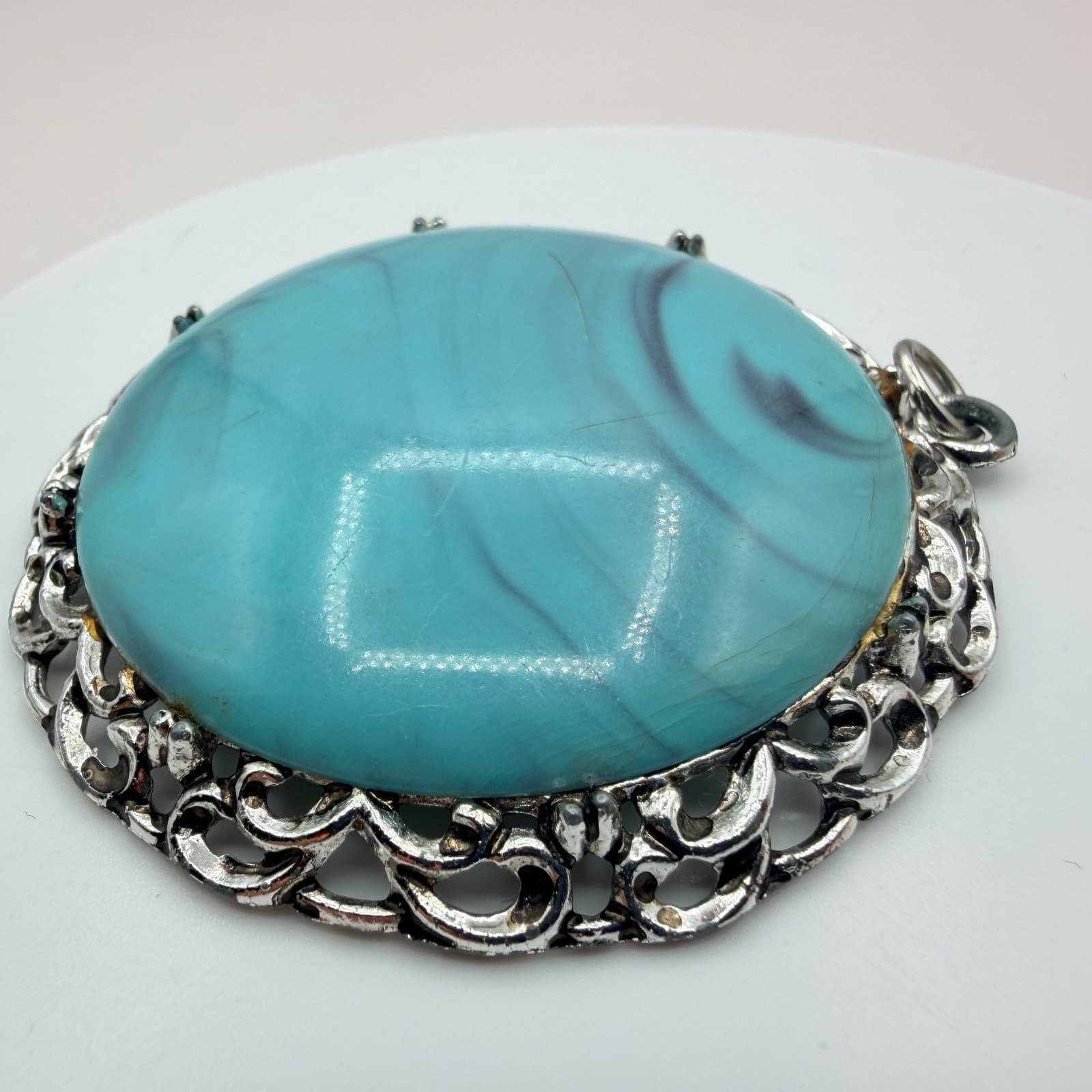 Vintage 90s Silver Tone Filigree Turquoise Swirl Statement Pendant Boho Jewelry - Thumbnail 7