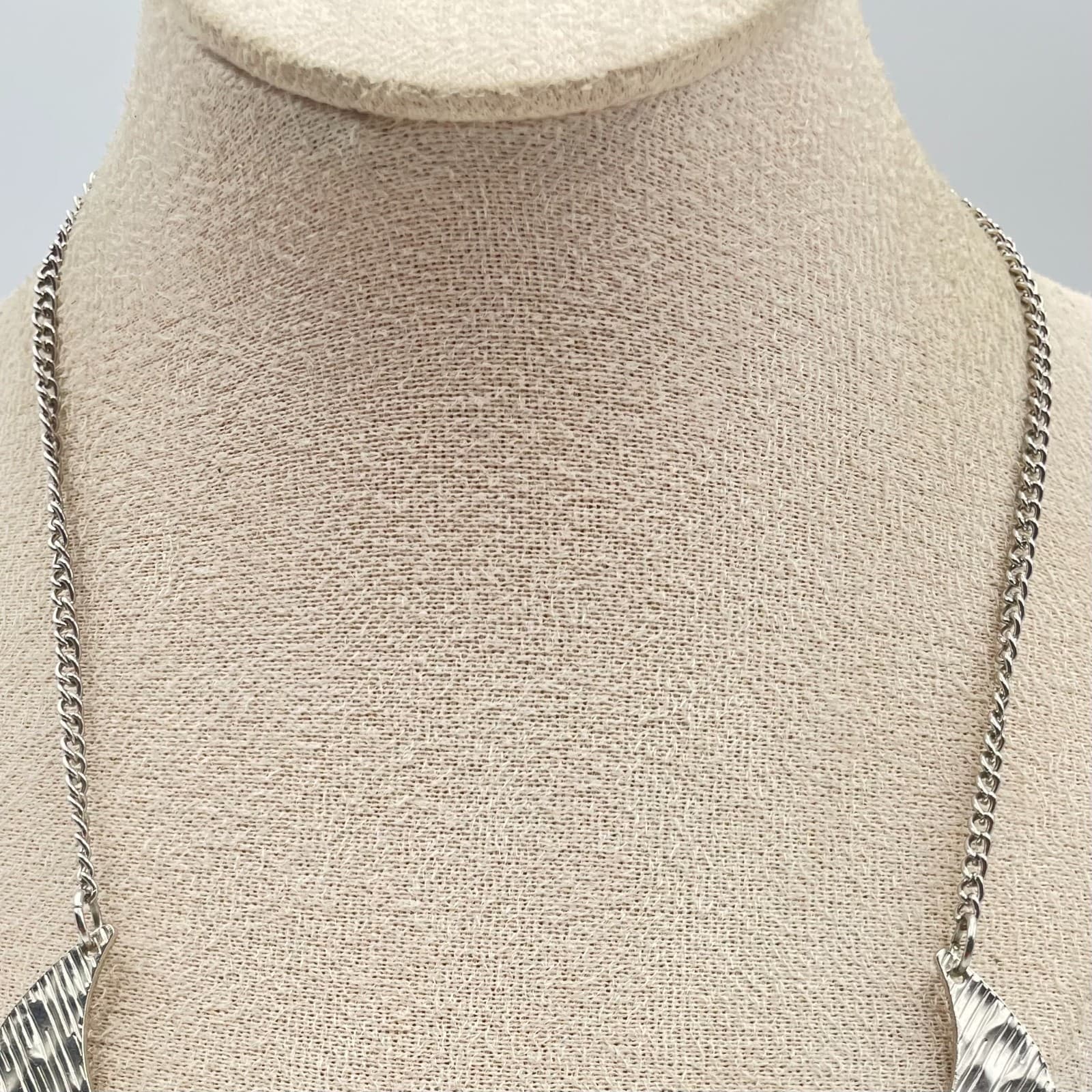 VTG Silver Crescent Moon Bib Necklace Hammered Metal Multi Choker Boho Statement - Thumbnail 2