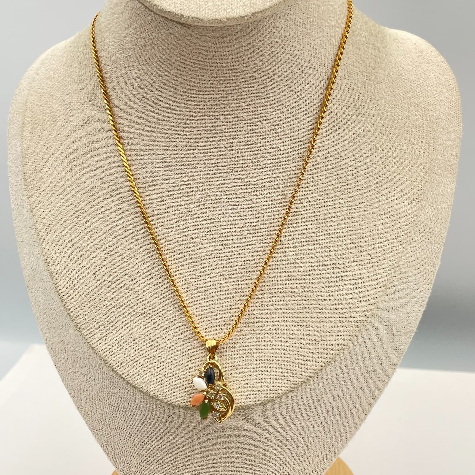 Vintage Multi Stone Pendant Necklace Gold Tone Jade Coral MOP Chain Floral - Image 1