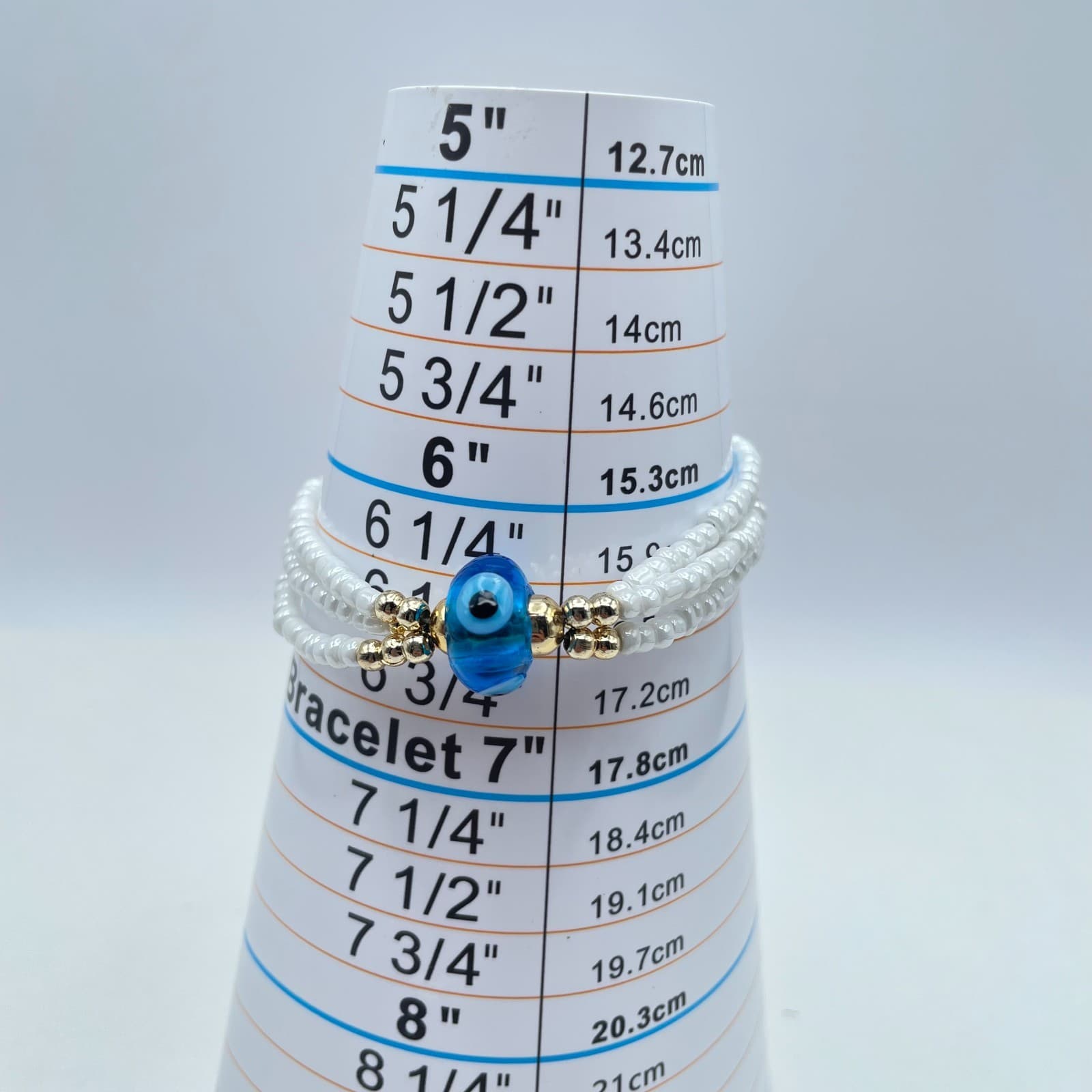 Vintage 90s Gold Tone Triple Strand White Seed Beaded Evil Eye Bracelet Jewelry - Thumbnail 7