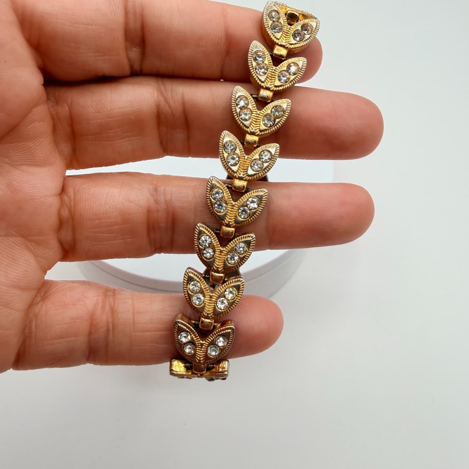 Vintage 90s Gold Tone Leaf Link Clear Rhinestone Bracelet Boho Women's Jewelry - Thumbnail 8