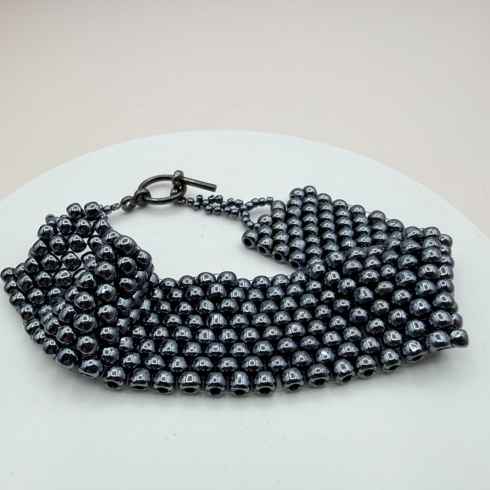 Vintage 90s Wide Seed Beaded Bracelet Gunmetal Tone Women's Classic Jewelry - Thumbnail 4