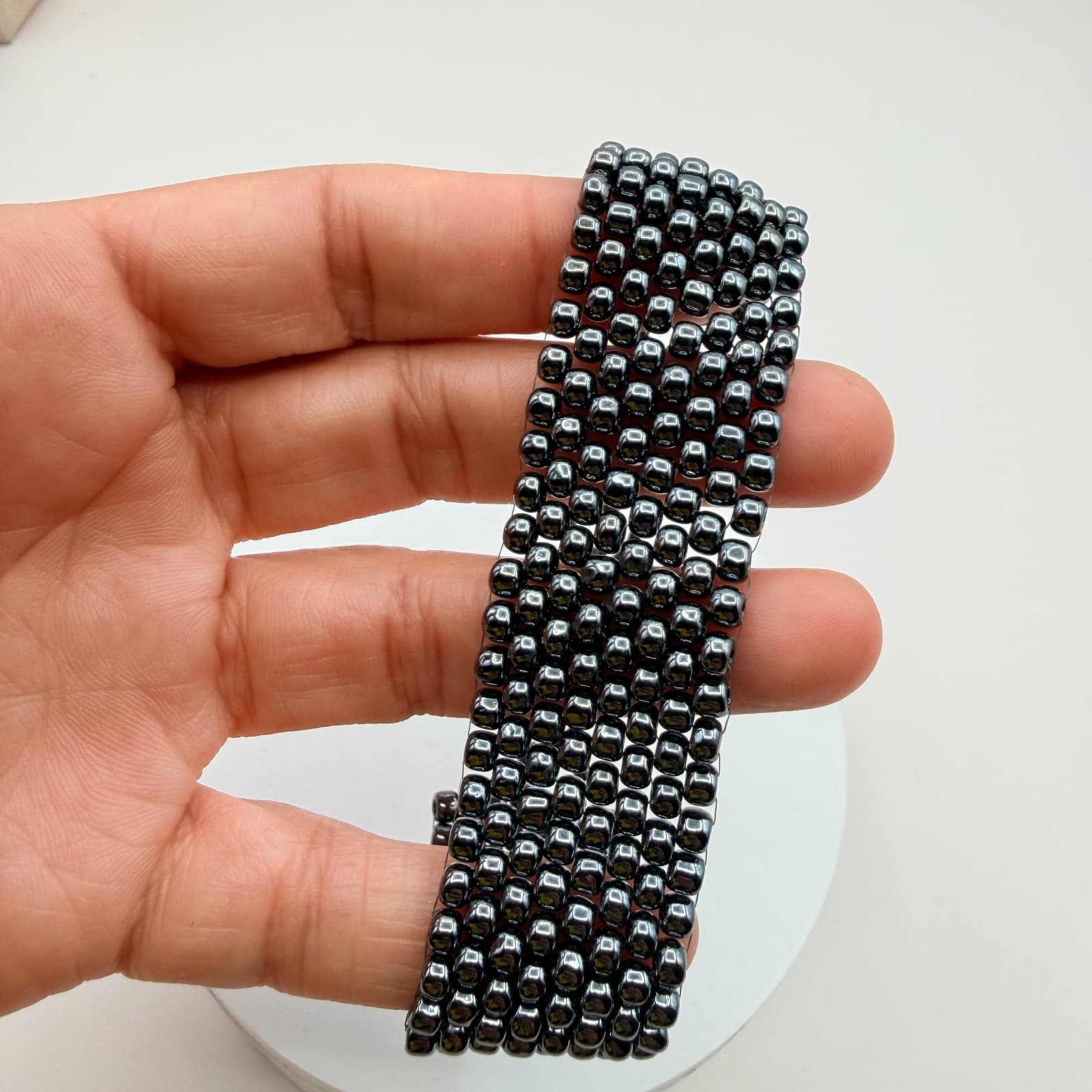 Vintage 90s Wide Seed Beaded Bracelet Gunmetal Tone Women's Classic Jewelry - Thumbnail 10